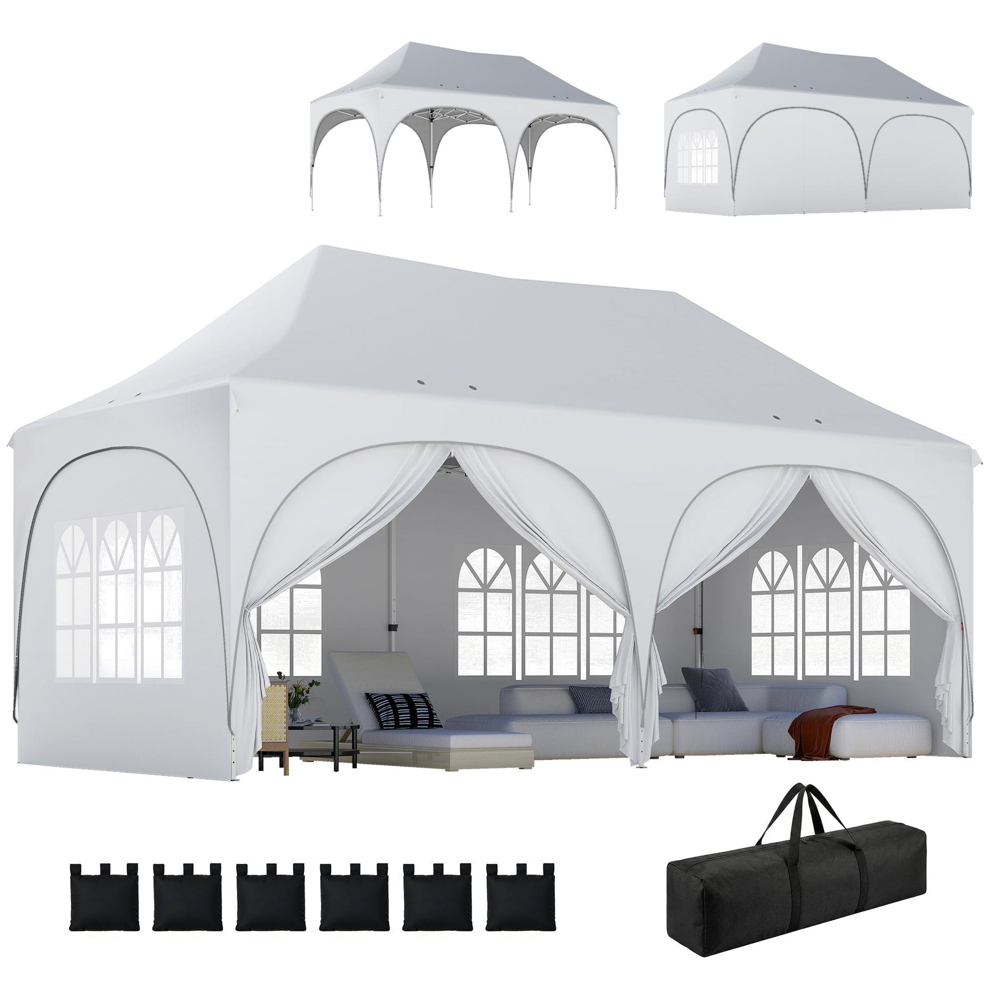 3 x 6m Pop Up Gazebo with Sides, 6 Sandbags, Peak Top Height Adjustable Outdoor Garden Party Tent Marquee Wedding Awning Canopy Instant Event Shelter with Carry Bag, Windows, Light Grey/White