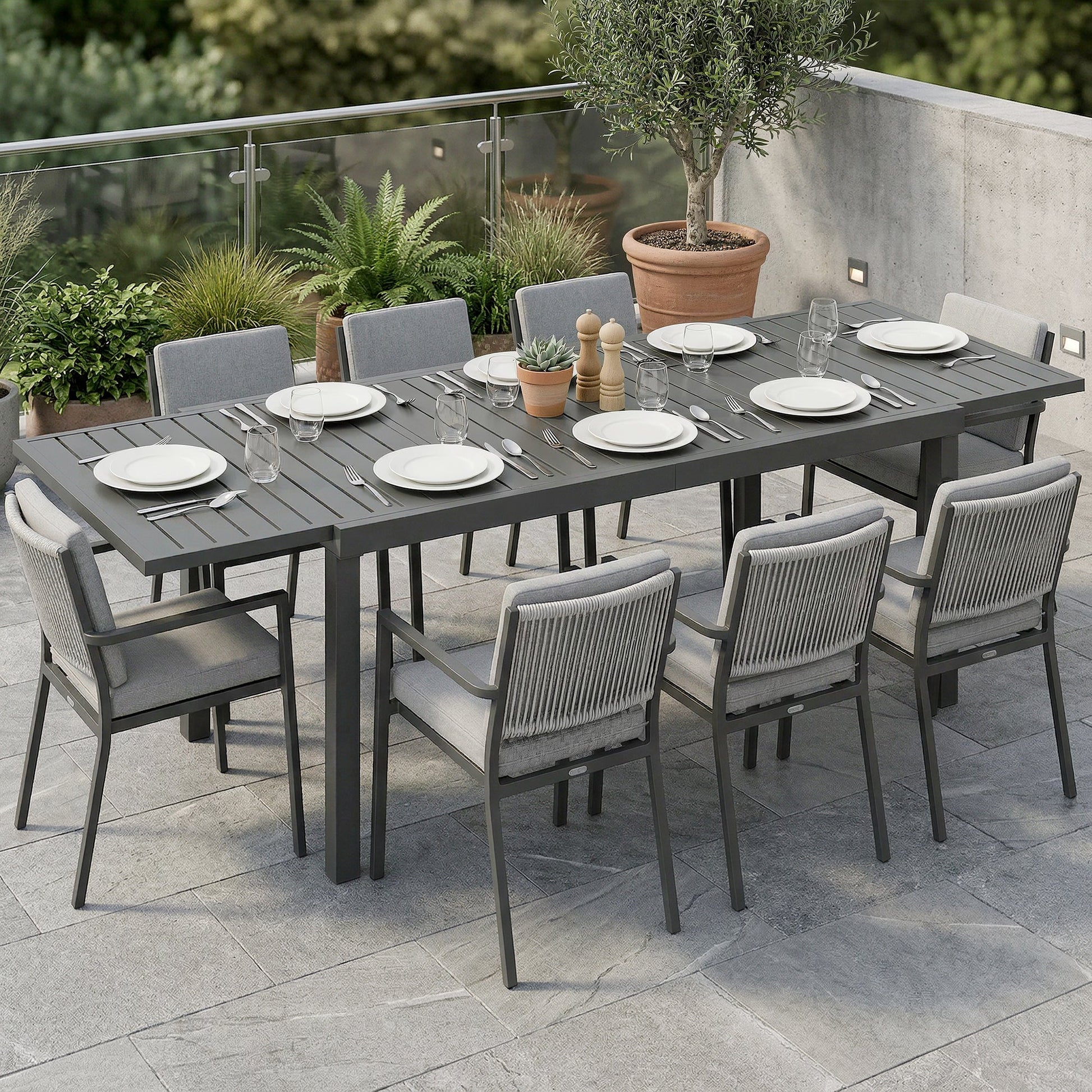 Extending Garden Table for 6-8 People, Full Aluminium Outdoor Dining Table with Slatted Top, Weatherproof Outdoor Dining Furniture for Patio, Balcony, 150/225 x 85 x 75 cm, Dark Grey