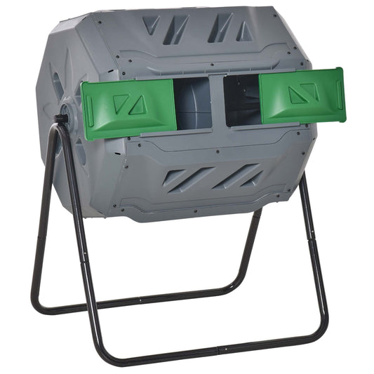 160L Tumbling Compost Bin Outdoor Dual Chamber 360° Rotating Composter, Garden Compost Bin w/ Sliding Doors & Solid Steel Frame, Grey