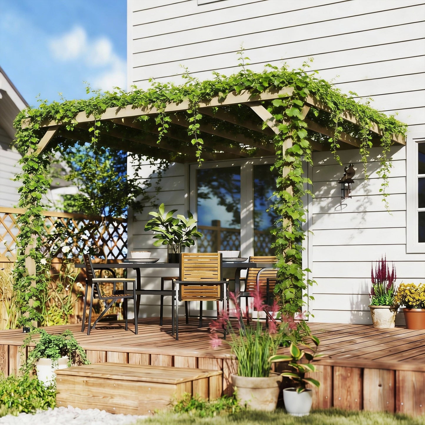 3 x 3 m Lean-To Wooden Pergola Kit, Decorative Garden Gazebo with Stable Structure and Concrete Anchors, Grape Trellis for Climbing Vines, Flowers, Garden Patio, Light Brown