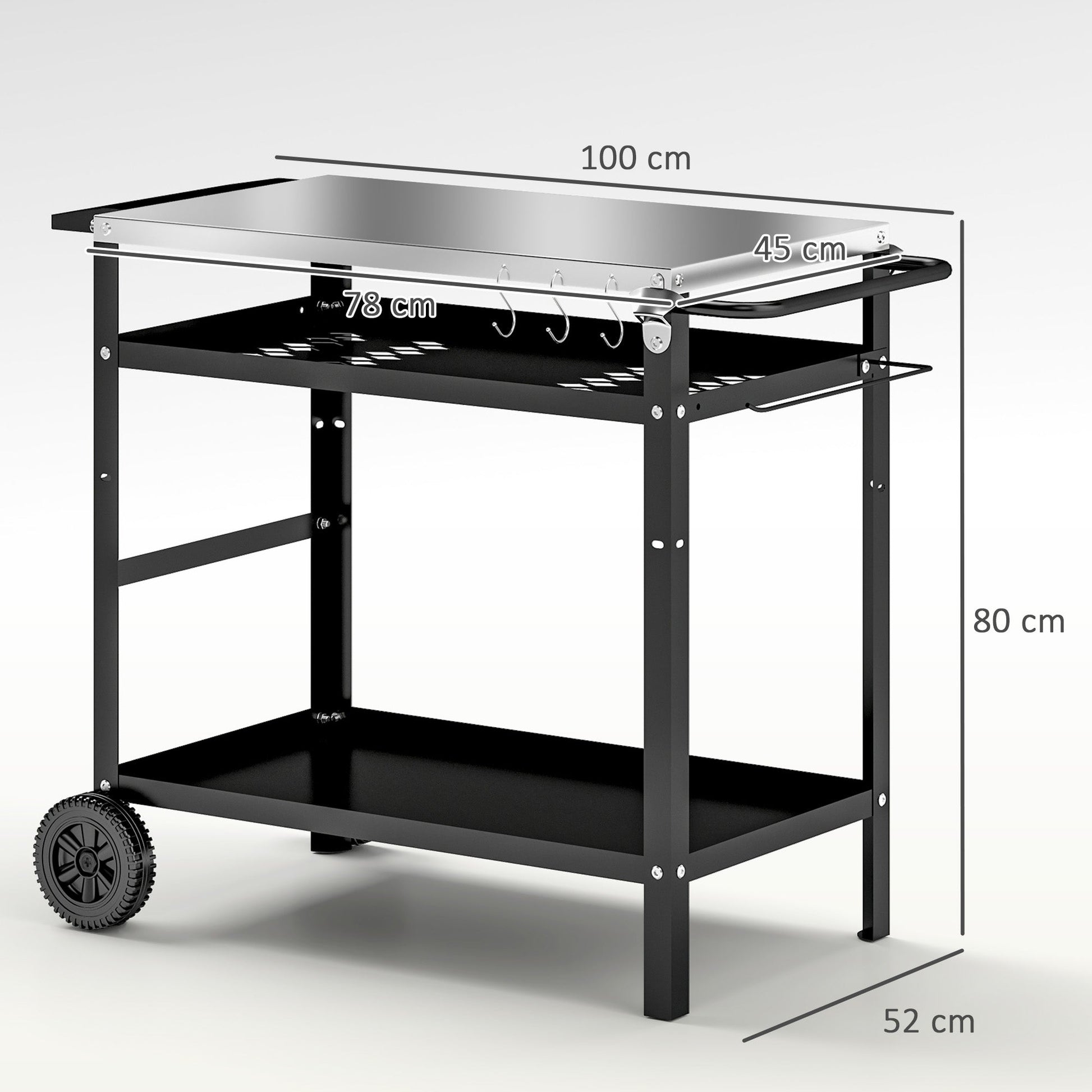 BBQ Trolley with Stainless Steel Top Adjustable Shelf, Outdoor Kitchen BBQ Station with Hooks Seasoning Tray Towel Rack, Pizza Oven Table Movable Outdoor Grill Dining Cart with Cover, Black