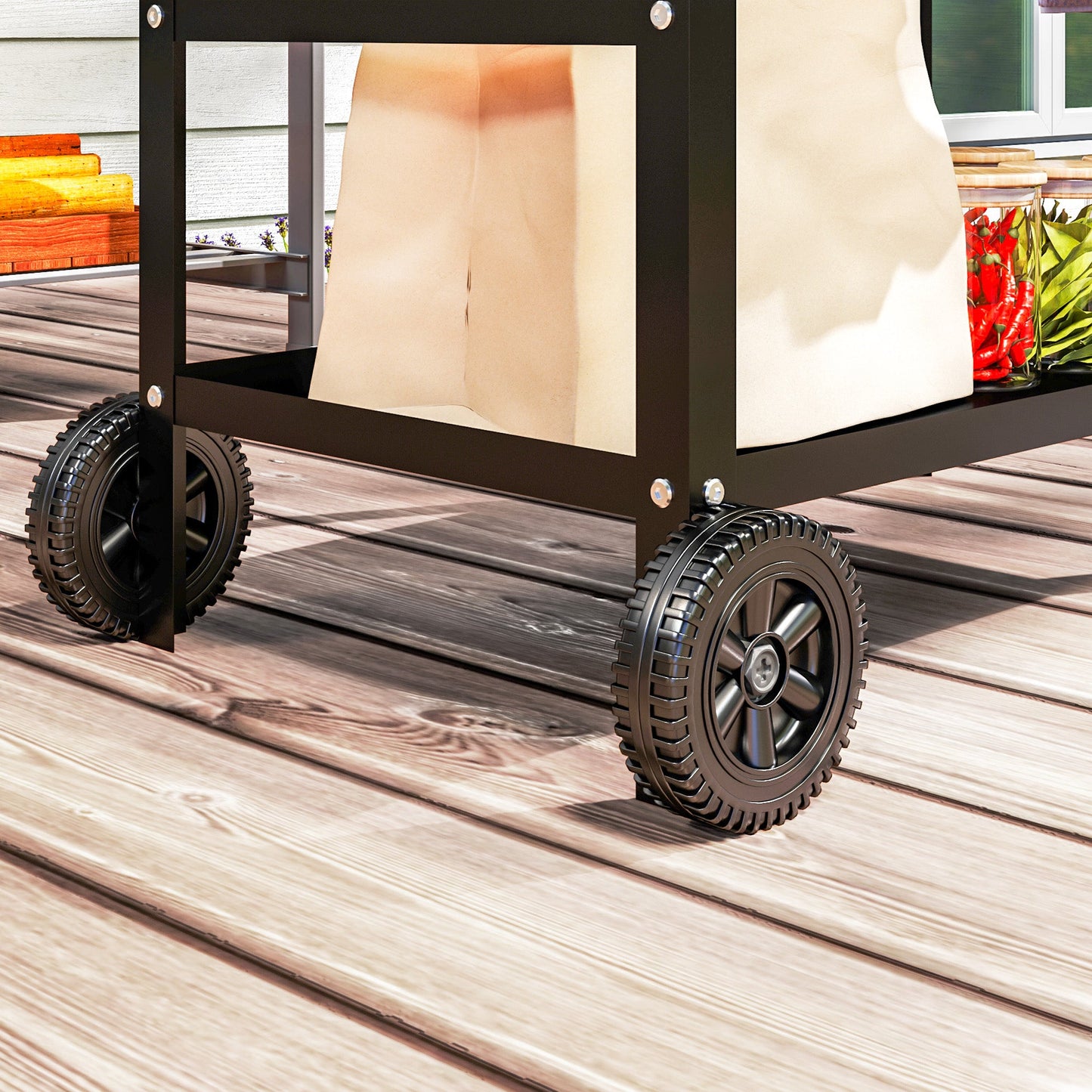 BBQ Trolley with Stainless Steel Top Adjustable Shelf, Outdoor Kitchen BBQ Station with Hooks Seasoning Tray Towel Rack, Pizza Oven Table Movable Outdoor Grill Dining Cart with Cover, Black