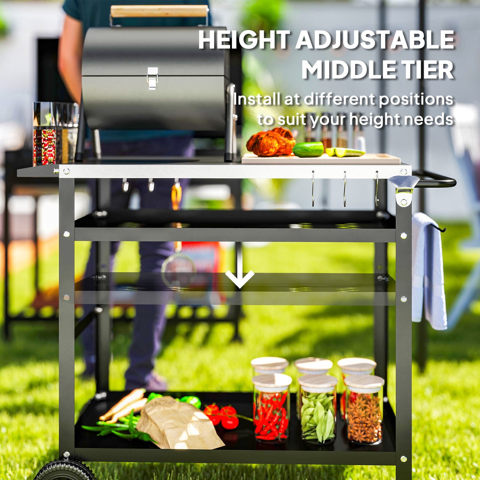 BBQ Trolley with Stainless Steel Top Adjustable Shelf, Outdoor Kitchen BBQ Station with Hooks Seasoning Tray Towel Rack, Pizza Oven Table Movable Outdoor Grill Dining Cart with Cover, Black