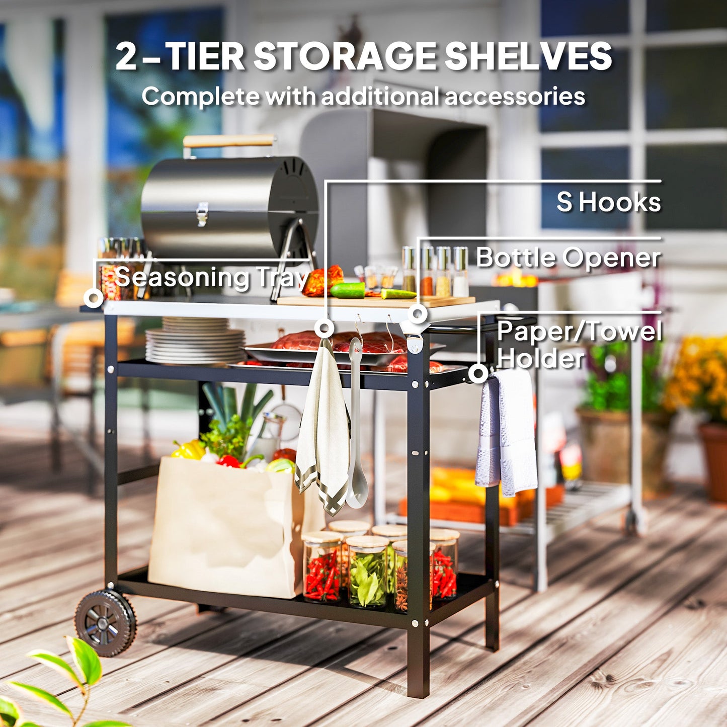BBQ Trolley with Stainless Steel Top Adjustable Shelf, Outdoor Kitchen BBQ Station with Hooks Seasoning Tray Towel Rack, Pizza Oven Table Movable Outdoor Grill Dining Cart with Cover, Black