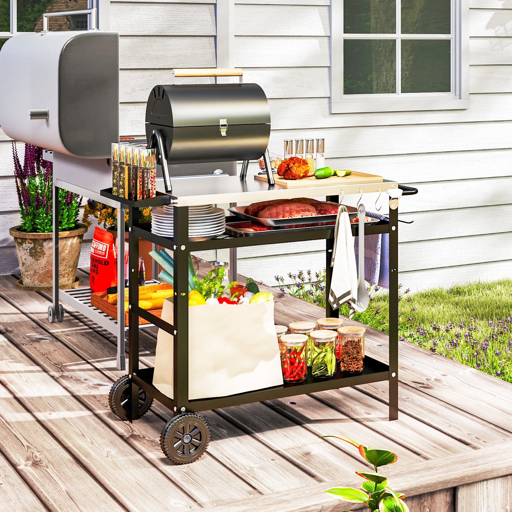 BBQ Trolley with Stainless Steel Top Adjustable Shelf, Outdoor Kitchen BBQ Station with Hooks Seasoning Tray Towel Rack, Pizza Oven Table Movable Outdoor Grill Dining Cart with Cover, Black