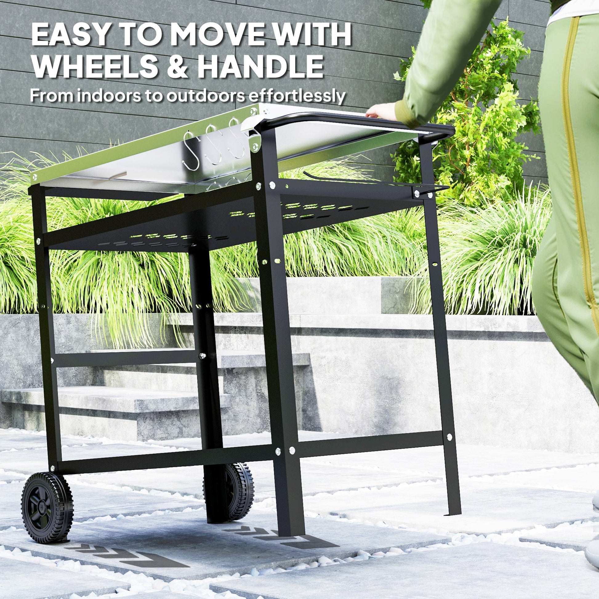 BBQ Trolley with Stainless Steel Top Adjustable Shelf, Outdoor Kitchen BBQ Station with Hooks Seasoning Tray Towel Rack, Pizza Oven Table Movable Outdoor Grill Dining Cart with Cover, Black