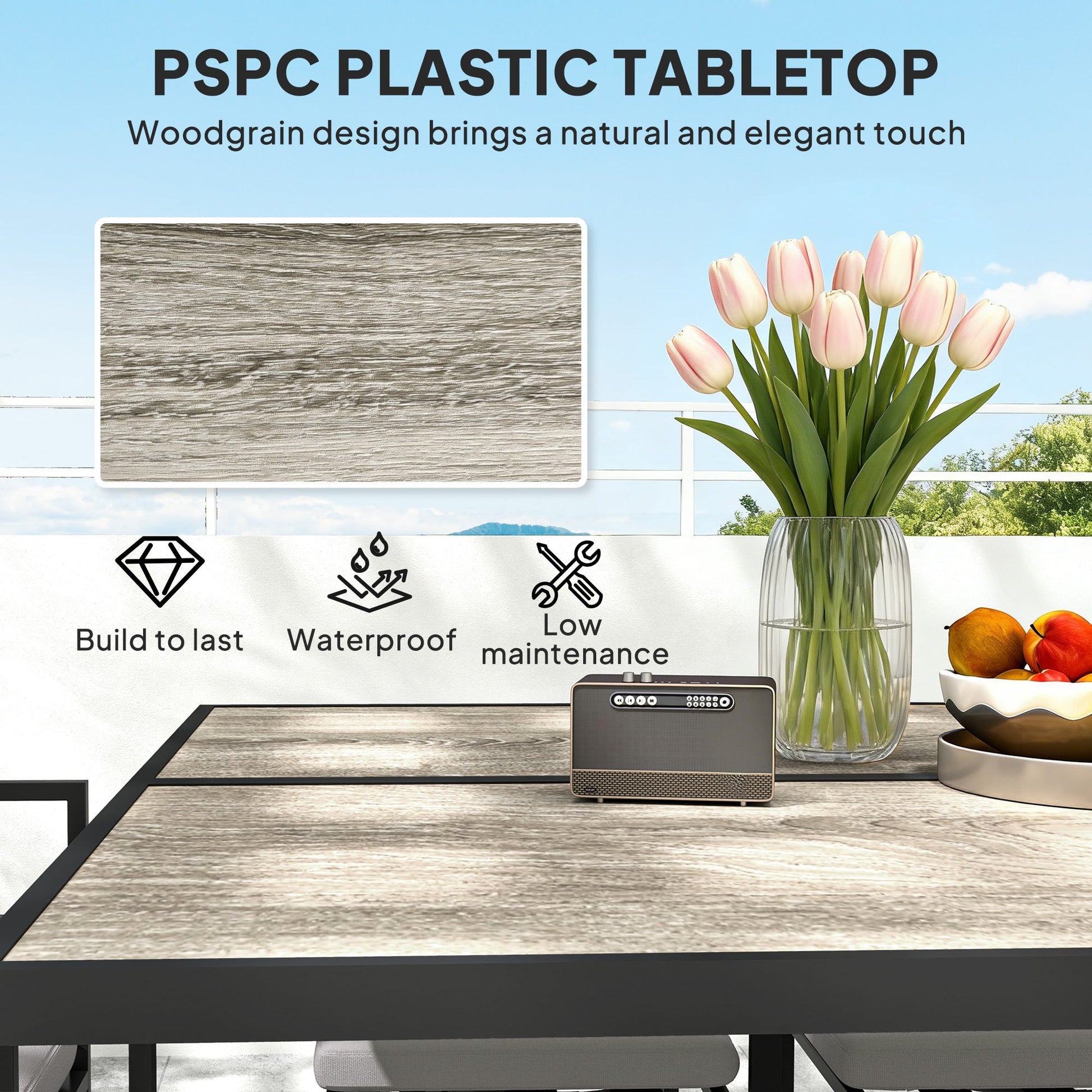 9 Piece Garden Dining Set, Cube Outdoor Garden Furniture Set with Cushions, 8 Seater Garden Table and Chairs with 4 Stools, Square Plastic Top Table, Side Pockets for Conservatory, Dark Grey