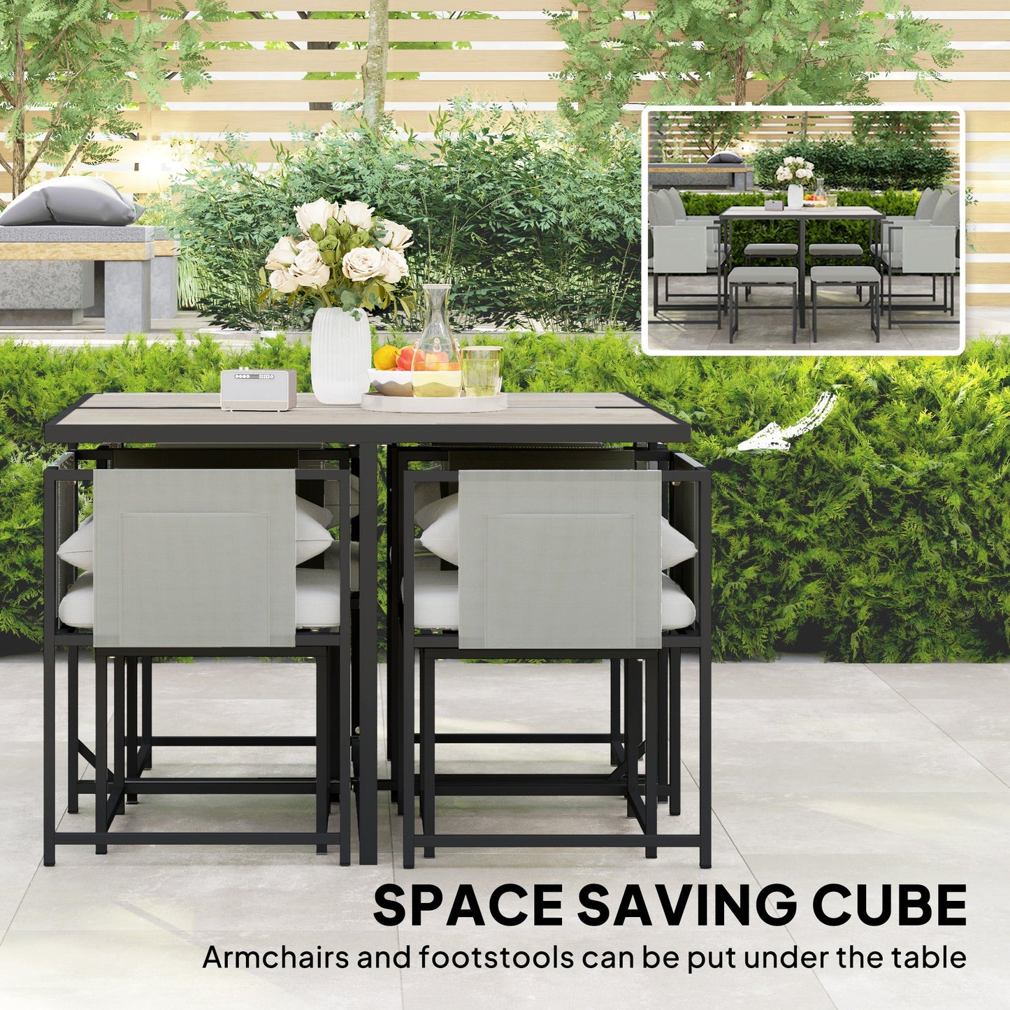 9 Piece Garden Dining Set, Cube Outdoor Garden Furniture Set with Cushions, 8 Seater Garden Table and Chairs with 4 Stools, Square Plastic Top Table, Side Pockets for Conservatory, Dark Grey