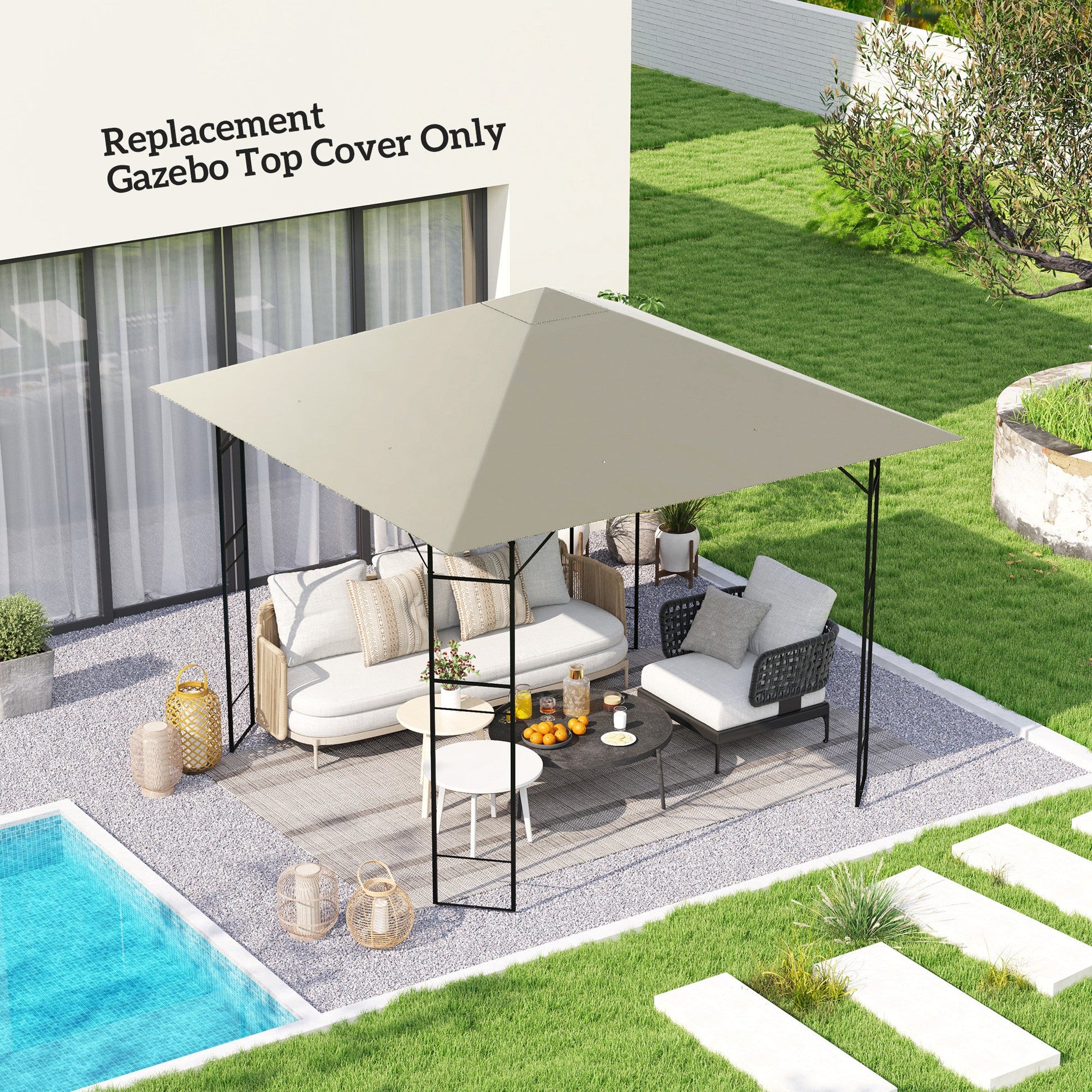 3 x 3(m) Gazebo Canopy Replacement Cover, Garden Gazebo Roof Replacement with Drain Holes, Water Resistant Plastic Coating, 370g/㎡, UPF30+, TOP COVER ONLY, Grey