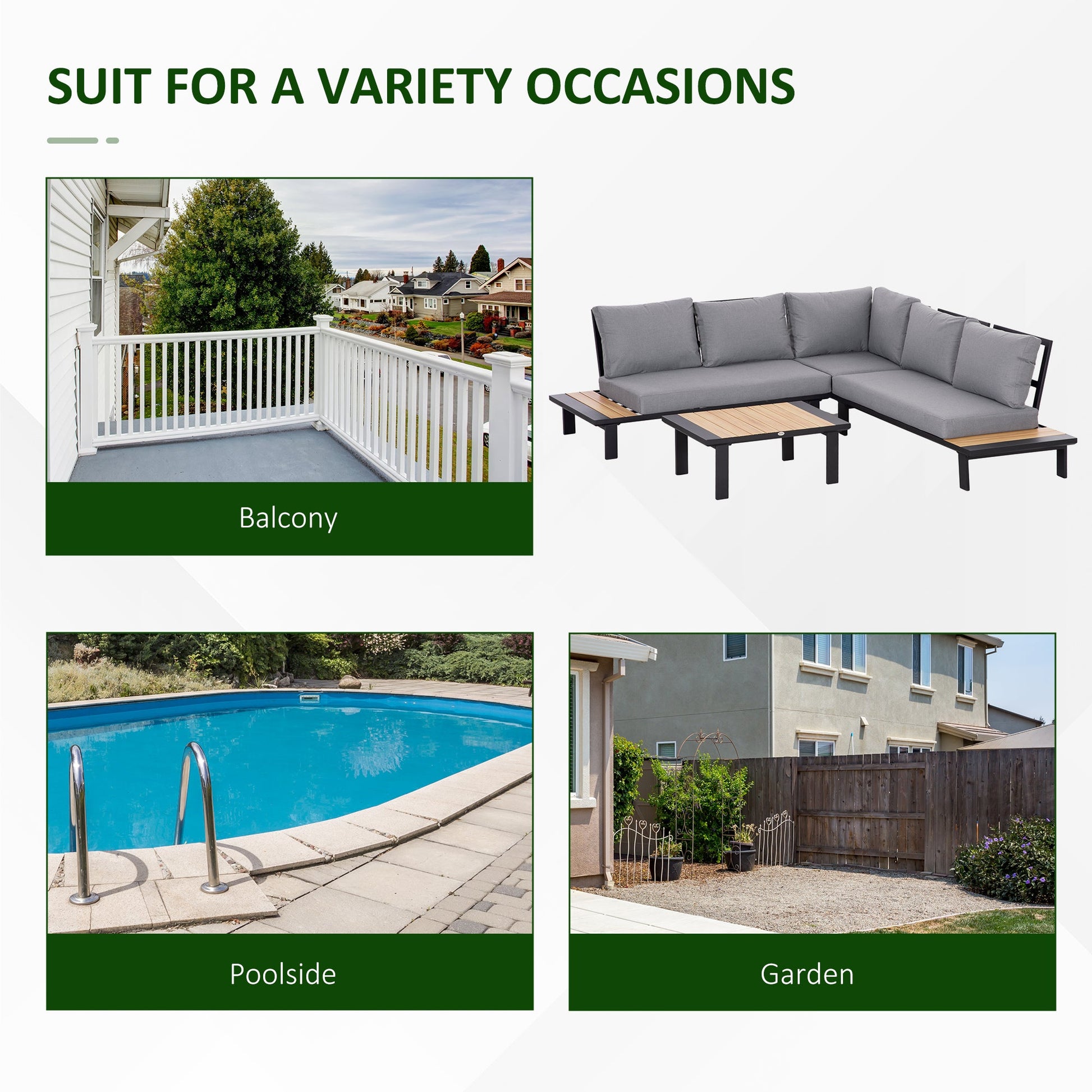 4 Pieces Aluminium Garden Furniture Sets with Thick Padded Cushion, 5 Seater Outdoor L Shape Corner Sofa Conversation Set, w/ Coffee Table and Sofa Side Table for Patio, Deck, Dark Grey