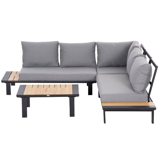4 Pieces Aluminium Garden Furniture Sets with Thick Padded Cushion, 5 Seater Outdoor L Shape Corner Sofa Conversation Set, w/ Coffee Table and Sofa Side Table for Patio, Deck, Dark Grey
