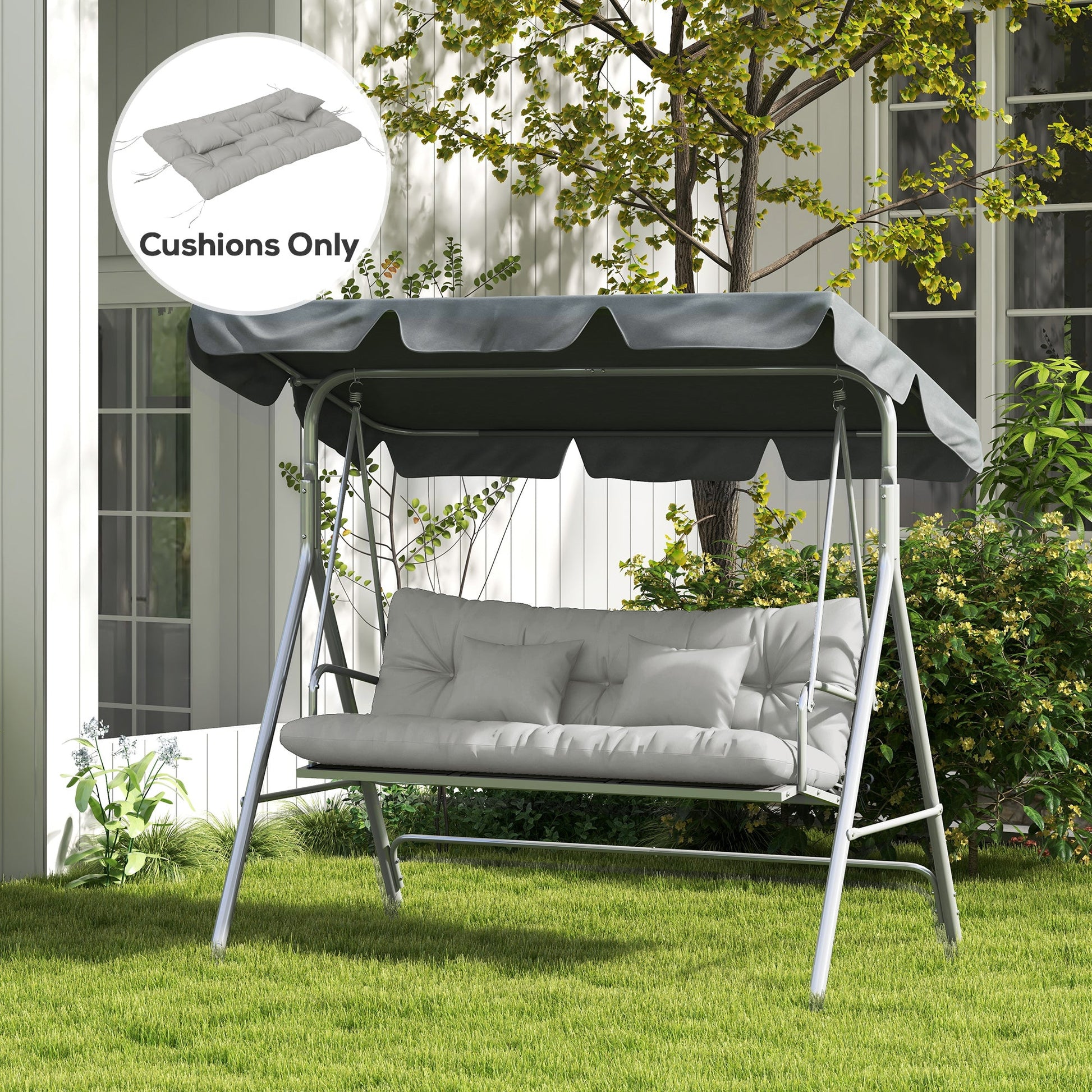 Outdoor Seat Cushions Back Cushion with 2 Pillows, Water Repellent Seat Pads for 3-Seater Chair, Swing, Sofa, CUSHIONS ONLY, NO SWING, Light Grey