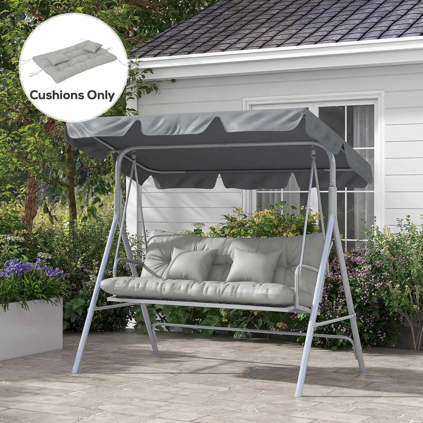 Outdoor Seat Cushions Back Cushion with 2 Pillows, Water Repellent Seat Pads for 3-Seater Chair, Swing, Sofa, CUSHIONS ONLY, NO SWING, Light Grey