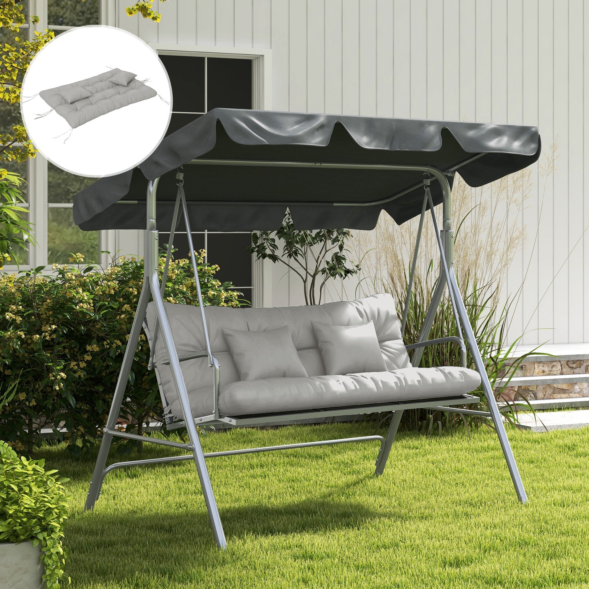 Outdoor Seat Cushions Back Cushion with 2 Pillows, Water Repellent Seat Pads for 3-Seater Chair, Swing, Sofa, CUSHIONS ONLY, NO SWING, Light Grey