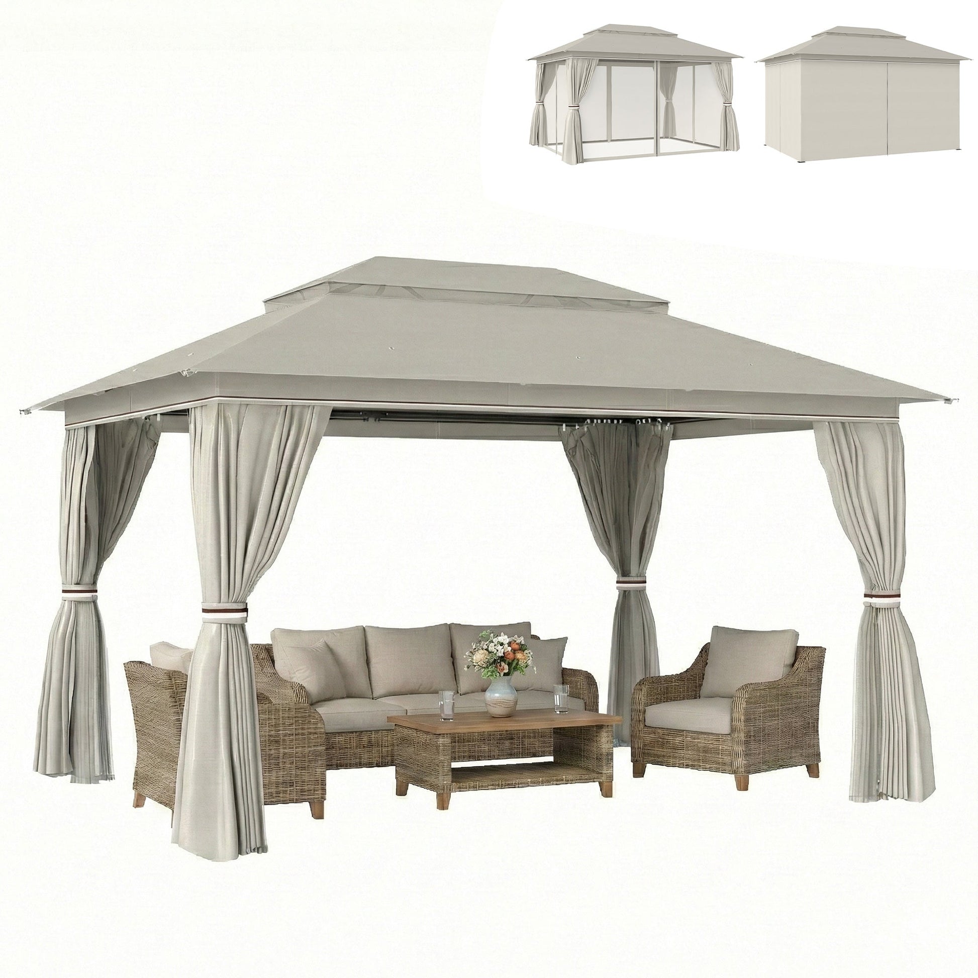 3 x 4 m Outdoor Garden Gazebo with Netting and Curtains, UPF50+ Double Roof Patio Gazebo Permanent Pavilion Canopy Shelter with Metal Frame, Drainage Holes, Beige