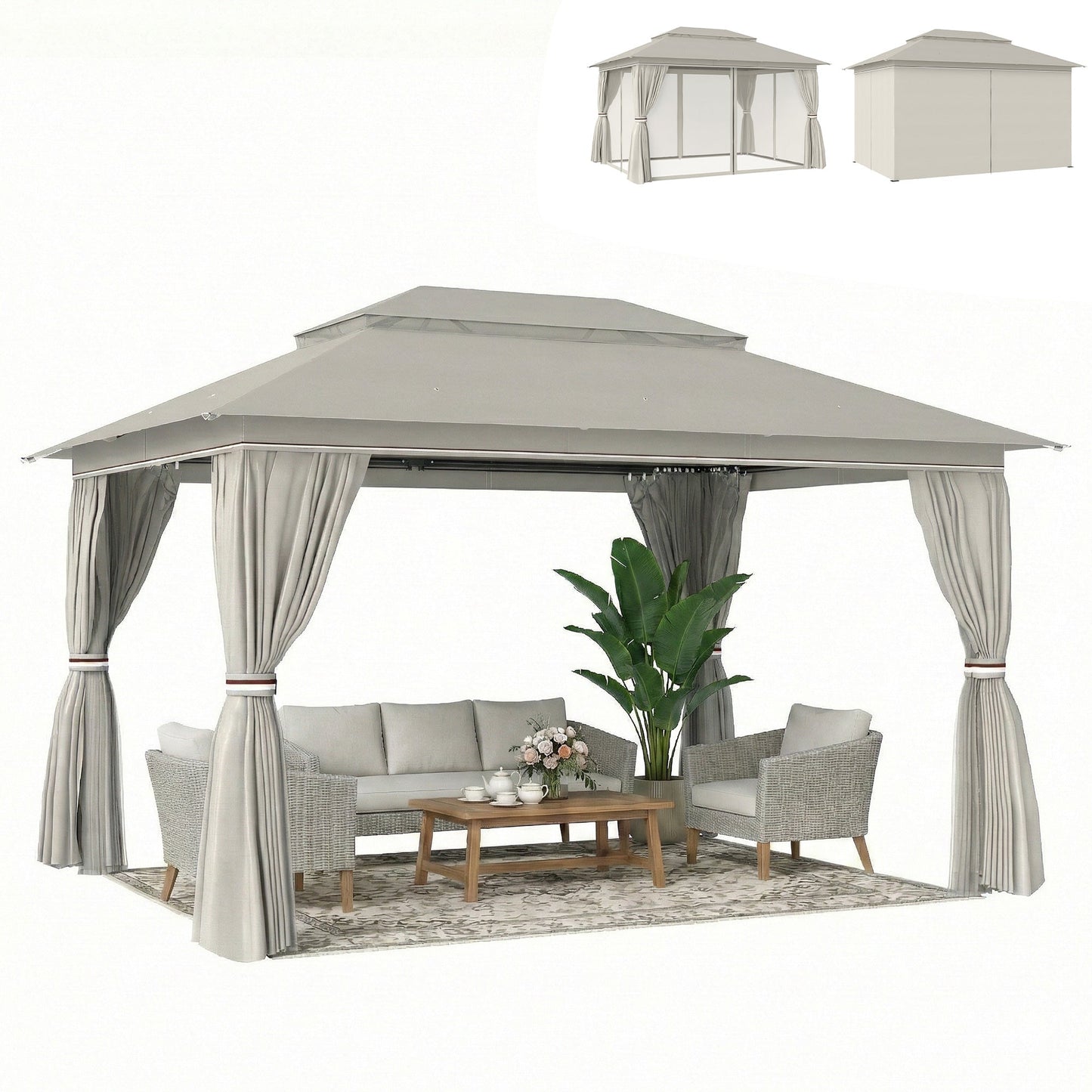 3 x 4 m Outdoor Garden Gazebo with Netting and Curtains, UPF50+ Double Roof Patio Gazebo Permanent Pavilion Canopy Shelter with Metal Frame, Drainage Holes, Beige