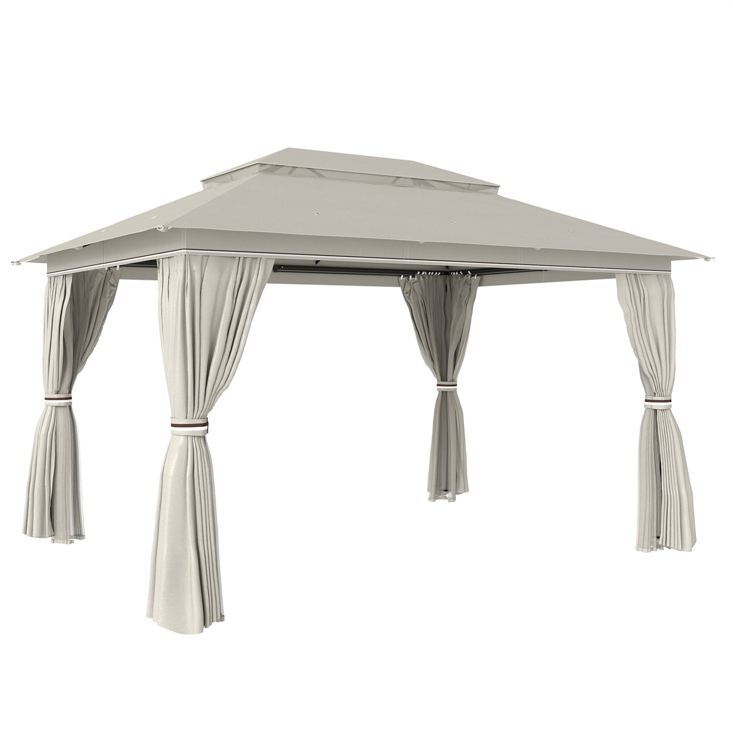 3 x 4 m Outdoor Garden Gazebo with Netting and Curtains, UPF50+ Double Roof Patio Gazebo Permanent Pavilion Canopy Shelter with Metal Frame, Drainage Holes, Beige