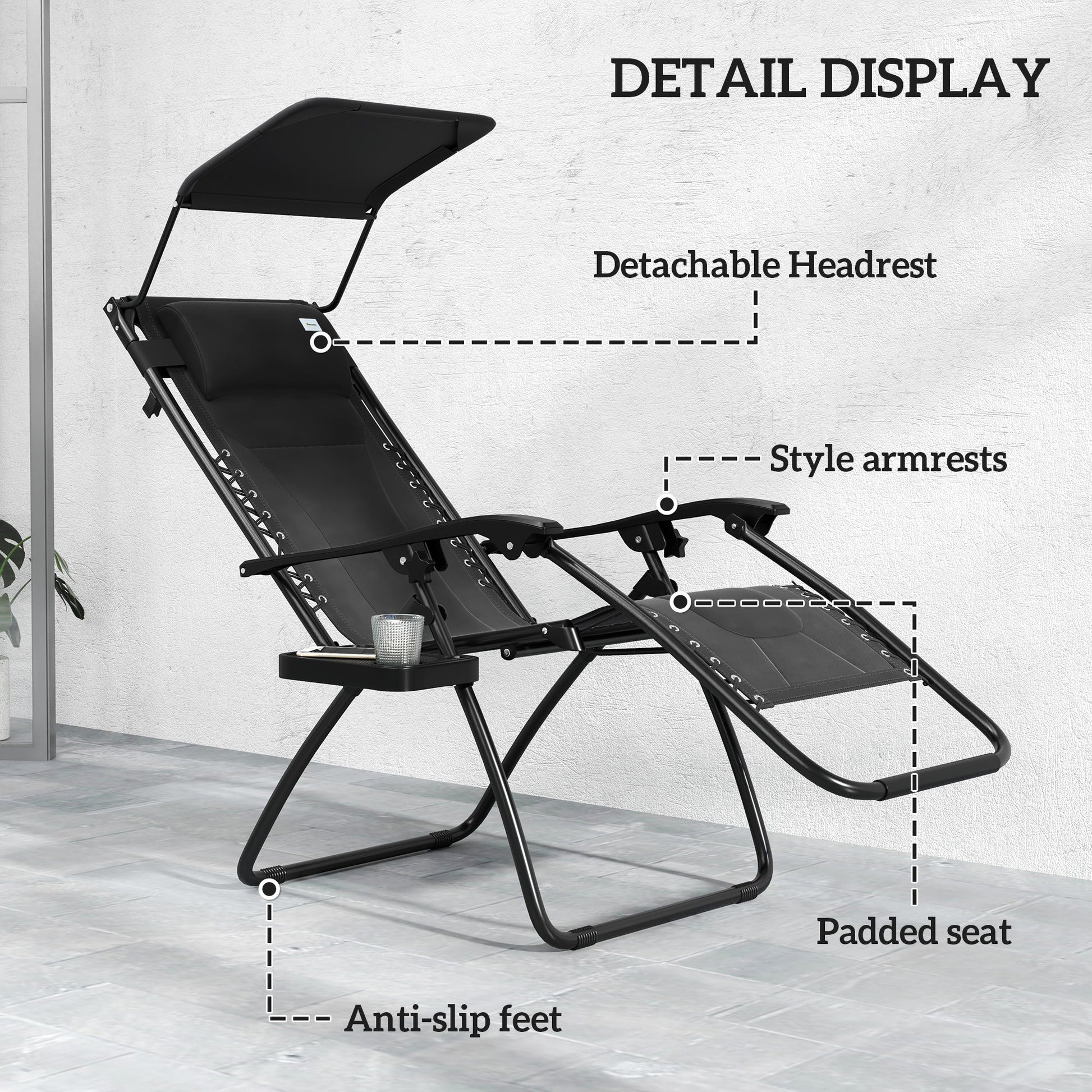 Zero Gravity Lounger Chair Set of 2, Folding Reclining Patio Chair with Shade Cover, Padded Seat, Cup Holder, Soft Cushion and Headrest for Poolside, Camping, Black