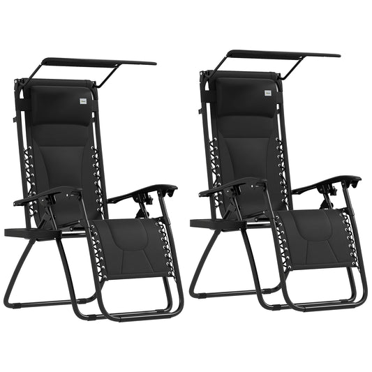 Zero Gravity Lounger Chair Set of 2, Folding Reclining Patio Chair with Shade Cover, Padded Seat, Cup Holder, Soft Cushion and Headrest for Poolside, Camping, Black