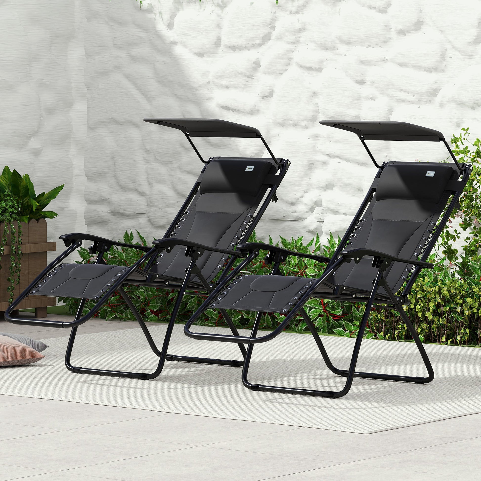 Zero Gravity Lounger Chair Set of 2, Folding Reclining Patio Chair with Shade Cover, Padded Seat, Cup Holder, Soft Cushion and Headrest for Poolside, Camping, Black