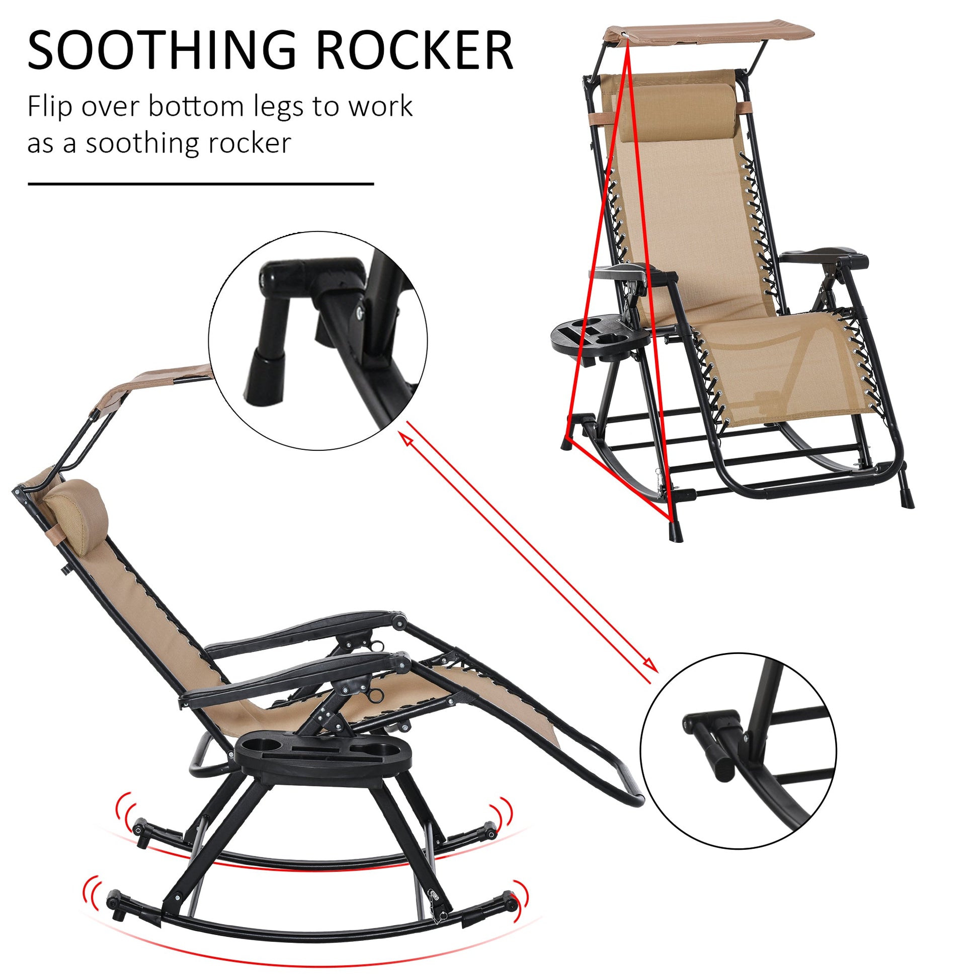 Garden Rocking Chair Folding Recliner Outdoor Adjustable Sun Lounger Rocker Zero-Gravity Seat with Headrest Side Holder Patio Deck - Beige