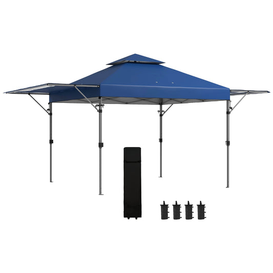 3 x 3(m) Pop Up Gazebo with Extend Dual Awnings, 1 Person Easy up Marquee Party Tent with 1-Button Push, Double Roof, Wheeled Bag, Sandbags, Height Adjustable Instant Shelter, Blue