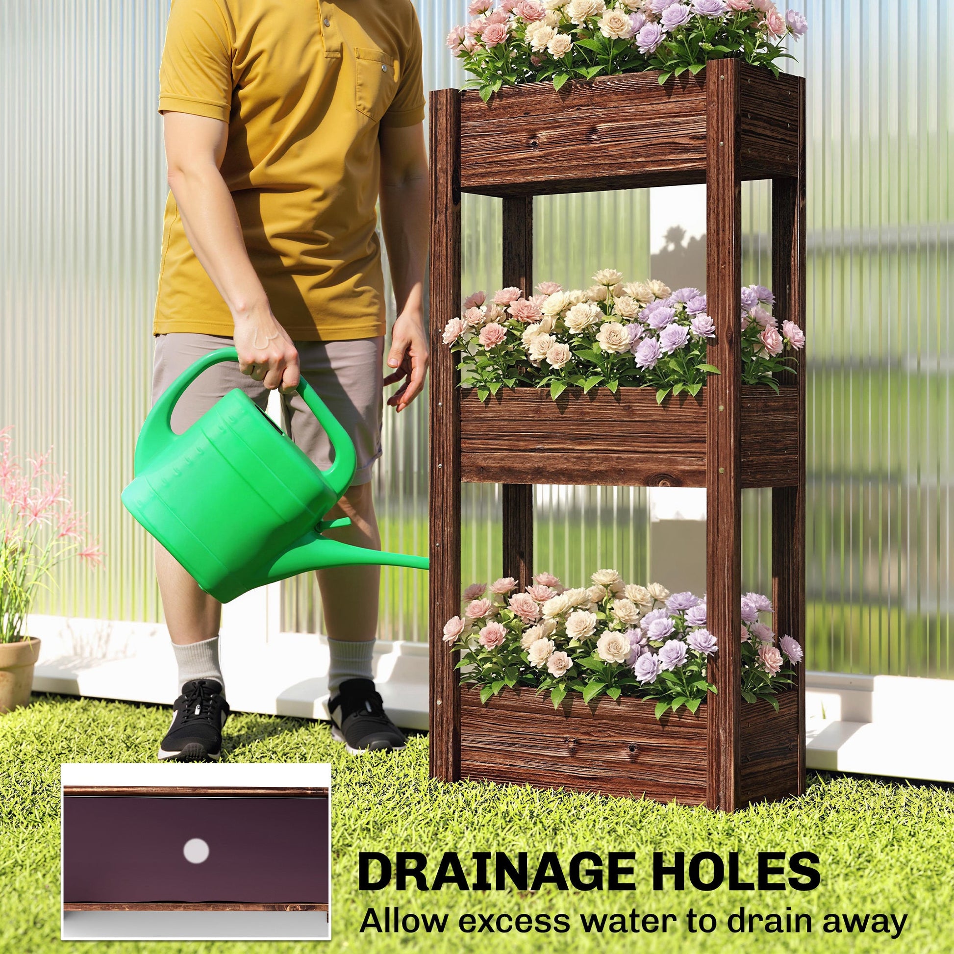 3-Tier Wooden Raised Planter, Raised Garden Bed on Legs with Drainage Holes and Bed Liner, Outdoor Elevated Garden Planter for Vegetables, Herbs, Flowers, 60 x 25 x 120 cm
