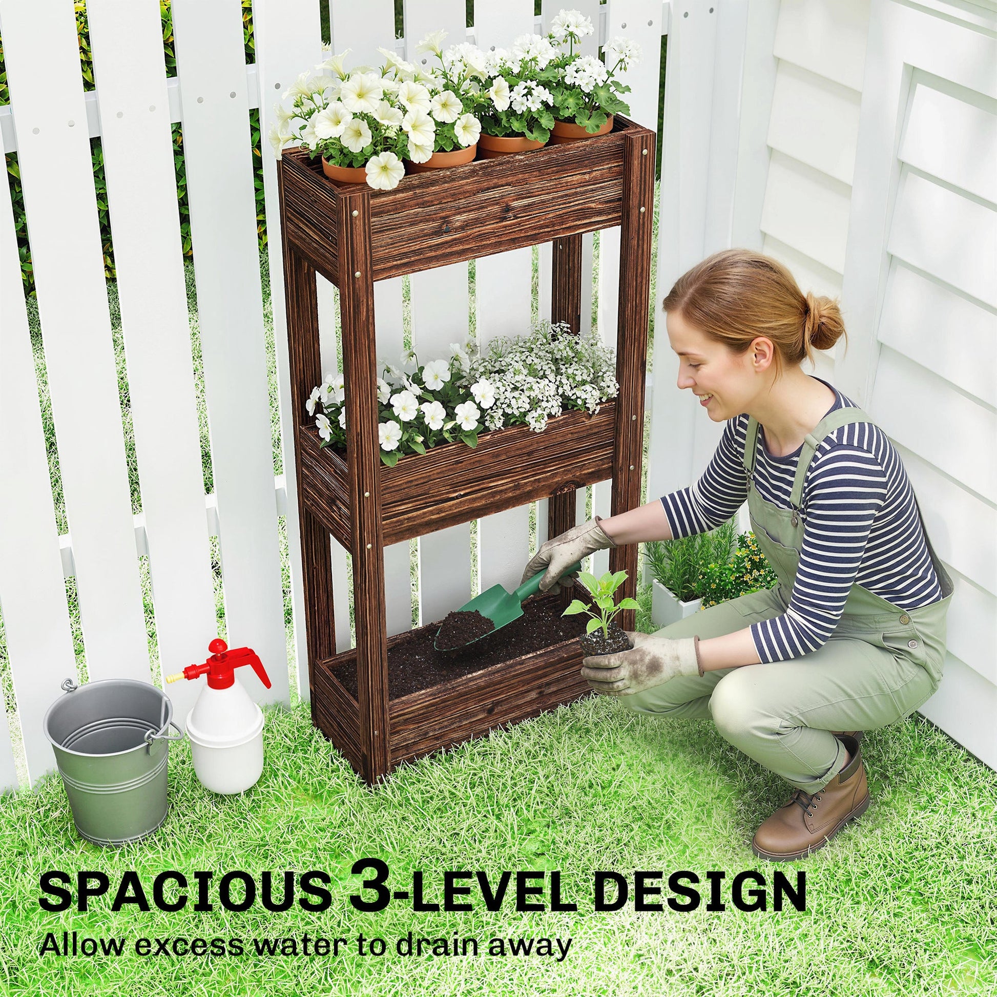 3-Tier Wooden Raised Planter, Raised Garden Bed on Legs with Drainage Holes and Bed Liner, Outdoor Elevated Garden Planter for Vegetables, Herbs, Flowers, 60 x 25 x 120 cm