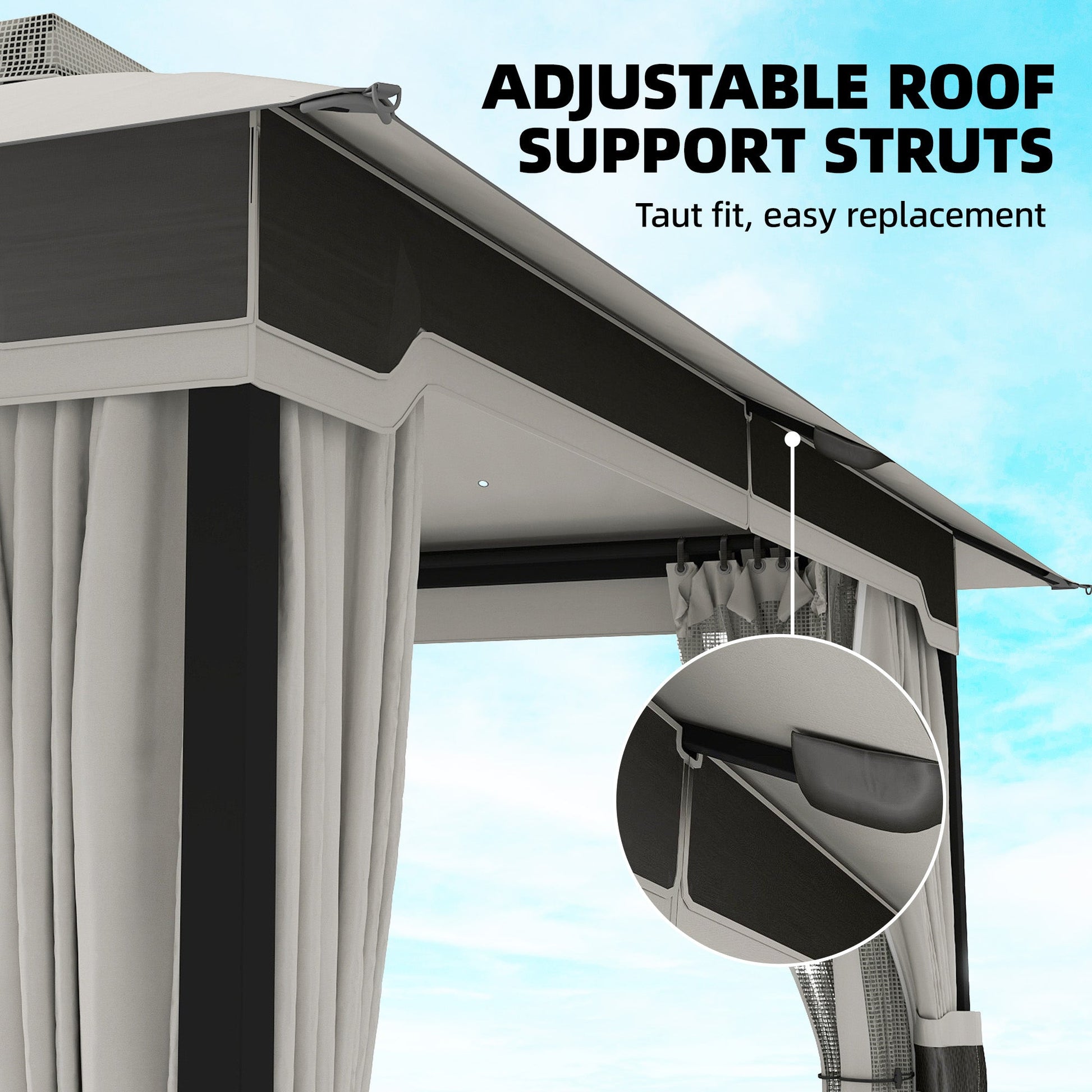 3 x 3.6 m Outdoor Garden Gazebo with Netting and Curtains, Double Roof Patio Gazebo Permanent Pavilion Canopy Shelter with Metal Frame, Drainage Holes, Light Grey