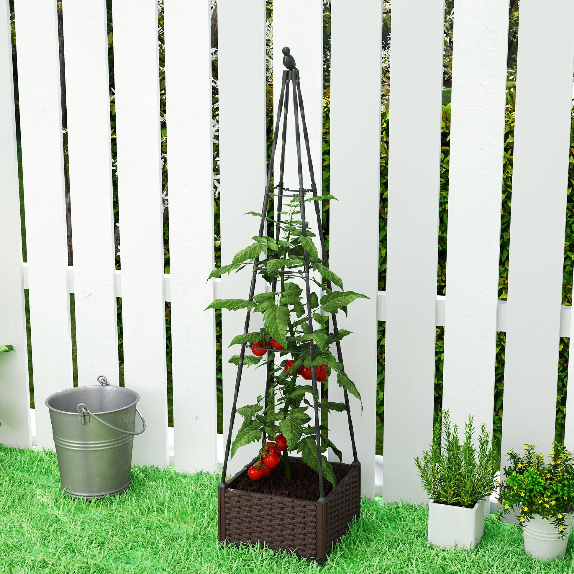 Raised Bed for Garden, Raised Garden Bed Planter Box with Trellis and Self Watering, Tomato Cage with Drainage Holes and Plugs for Climbing Plants Flowers Vegetable Herbs, 40 x 40 x 175 cm