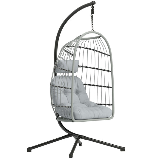 Hanging Egg Chair, Indoor Outdoor Hammock Swing Chair with Stand, Safety Strap, Foldable Basket, Thick Cushions, Headrest, Adjustable Height, Metal Frame for Garden Balcony, Light Grey