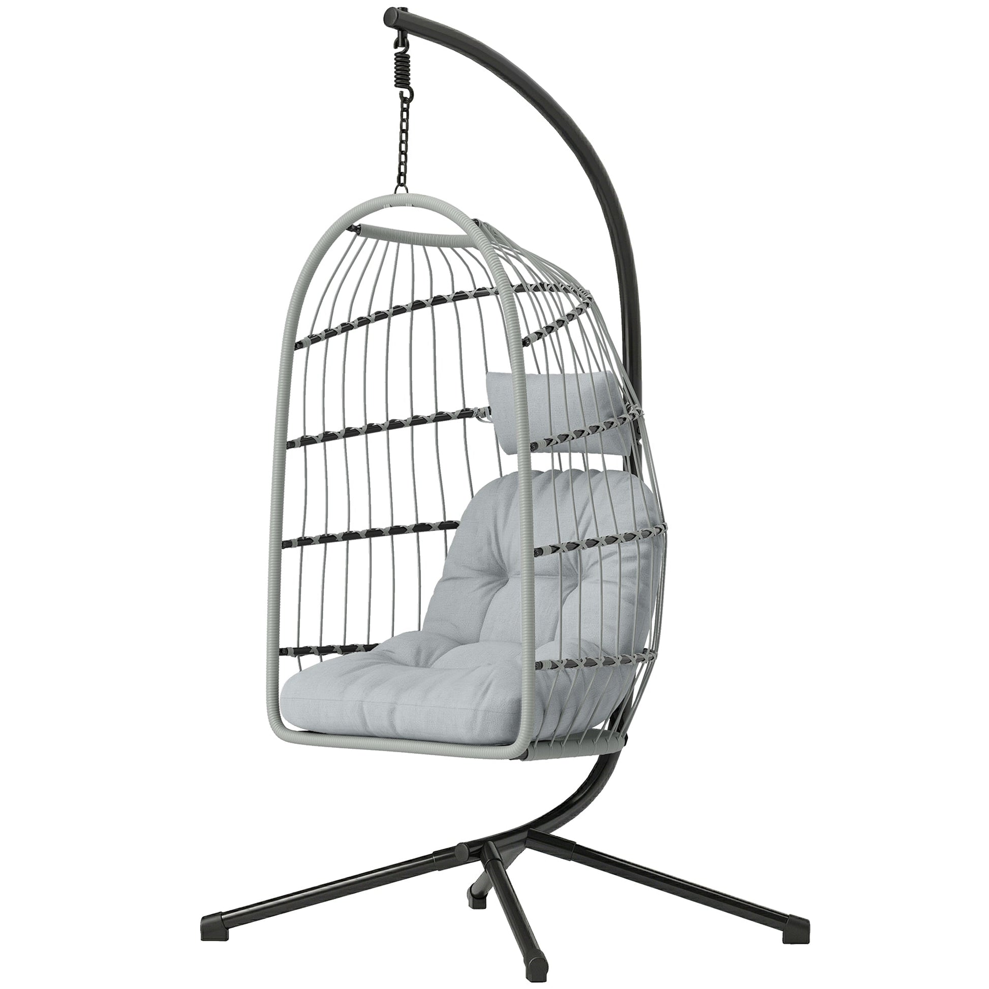 Hanging Egg Chair, Indoor Outdoor Hammock Swing Chair with Stand, Safety Strap, Foldable Basket, Thick Cushions, Headrest, Adjustable Height, Metal Frame for Garden Balcony, Light Grey