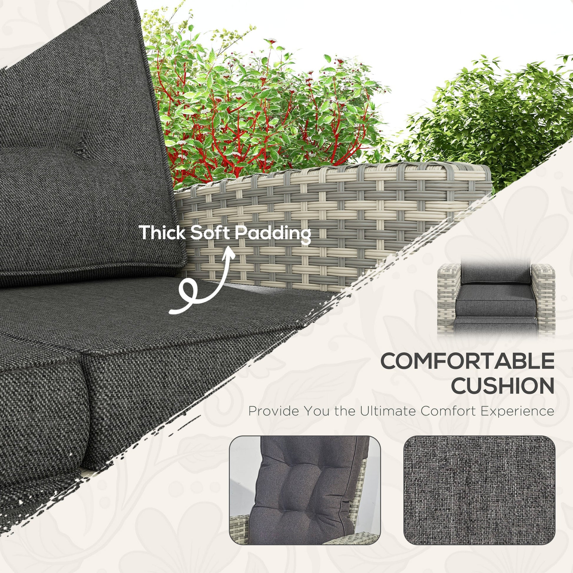 4 Piece Rattan Garden Furniture Set with Adjustable Backrest, Wicker Outdoor Furniture Sofa Set with Loveseat, Reclining Armchairs, Thickened Cushions and Glass Top Table, Light Grey