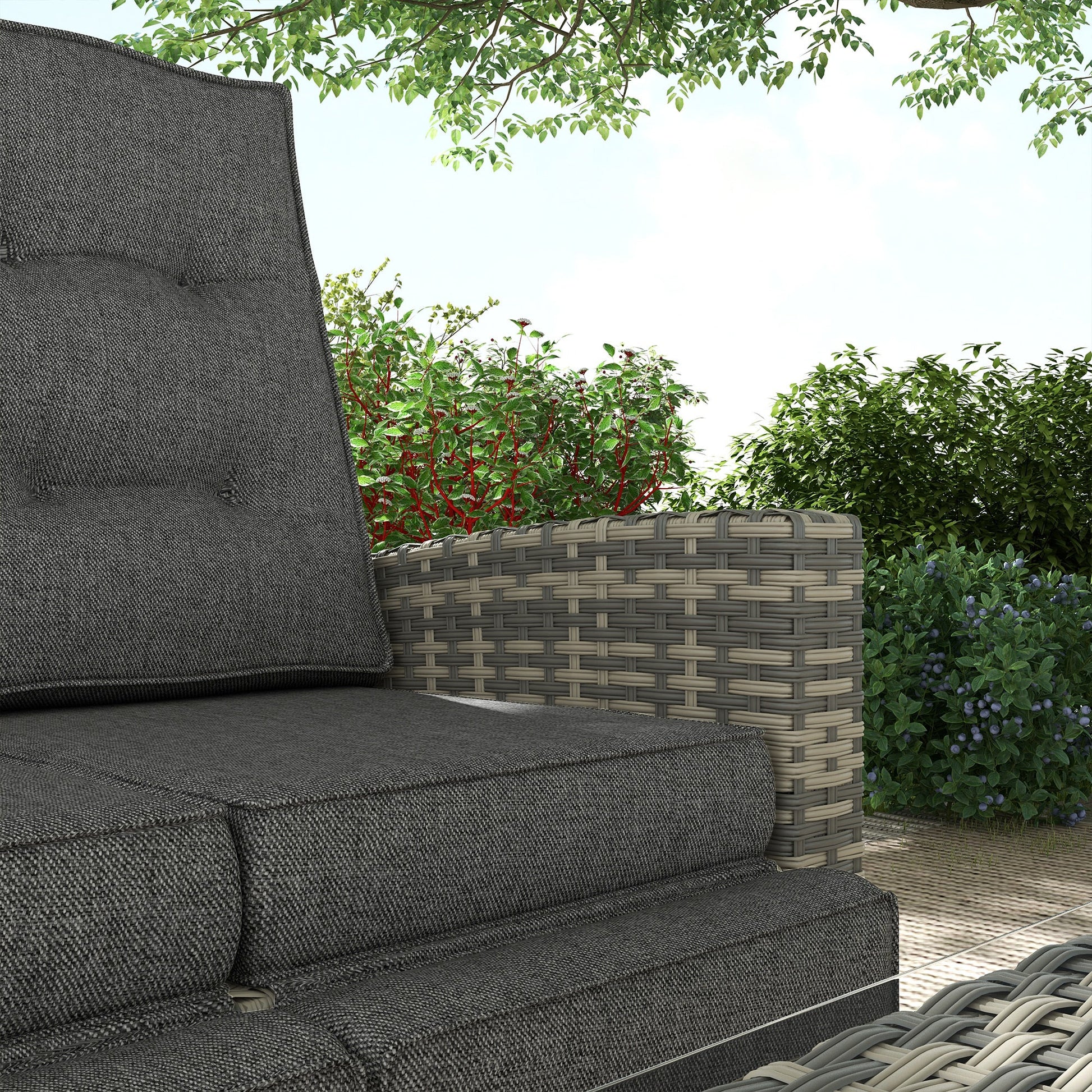 4 Piece Rattan Garden Furniture Set with Adjustable Backrest, Wicker Outdoor Furniture Sofa Set with Loveseat, Reclining Armchairs, Thickened Cushions and Glass Top Table, Light Grey