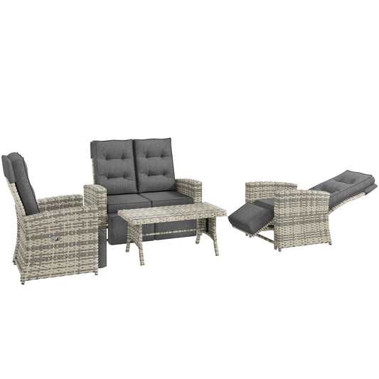 4 Piece Rattan Garden Furniture Set with Adjustable Backrest, Wicker Outdoor Furniture Sofa Set with Loveseat, Reclining Armchairs, Thickened Cushions and Glass Top Table, Light Grey