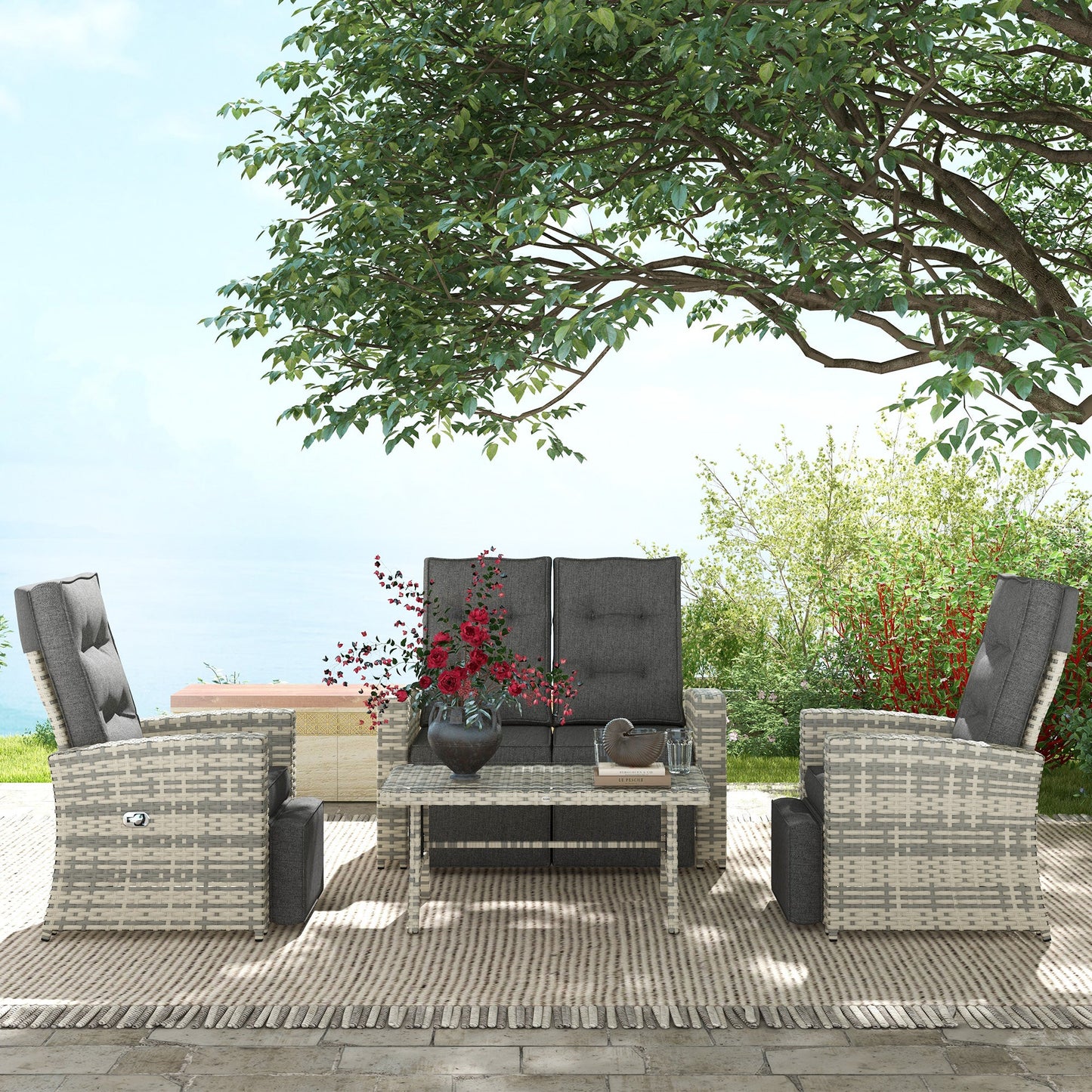 4 Piece Rattan Garden Furniture Set with Adjustable Backrest, Wicker Outdoor Furniture Sofa Set with Loveseat, Reclining Armchairs, Thickened Cushions and Glass Top Table, Light Grey