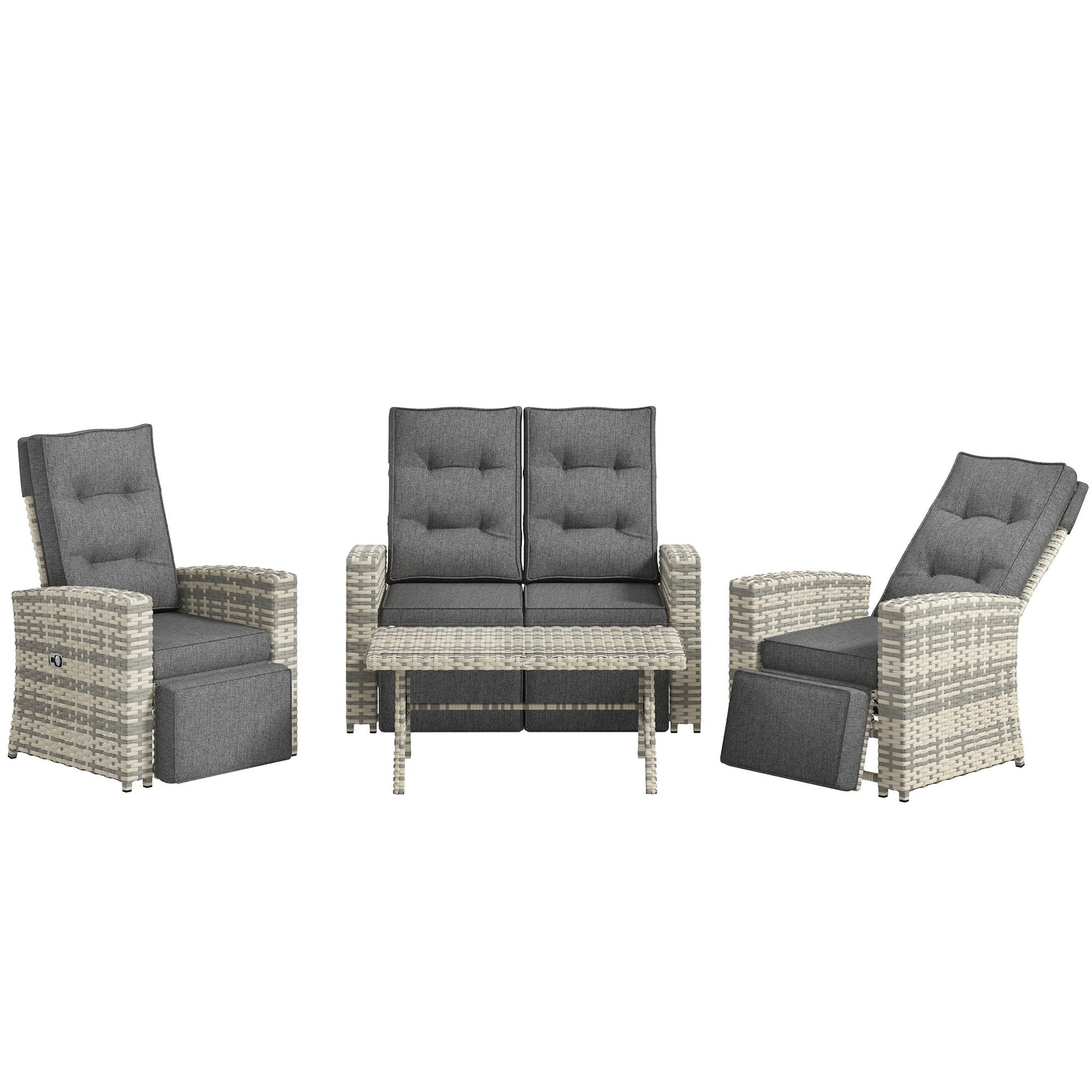 4 Piece Rattan Garden Furniture Set with Adjustable Backrest, Wicker Outdoor Furniture Sofa Set with Loveseat, Reclining Armchairs, Thickened Cushions and Glass Top Table, Light Grey