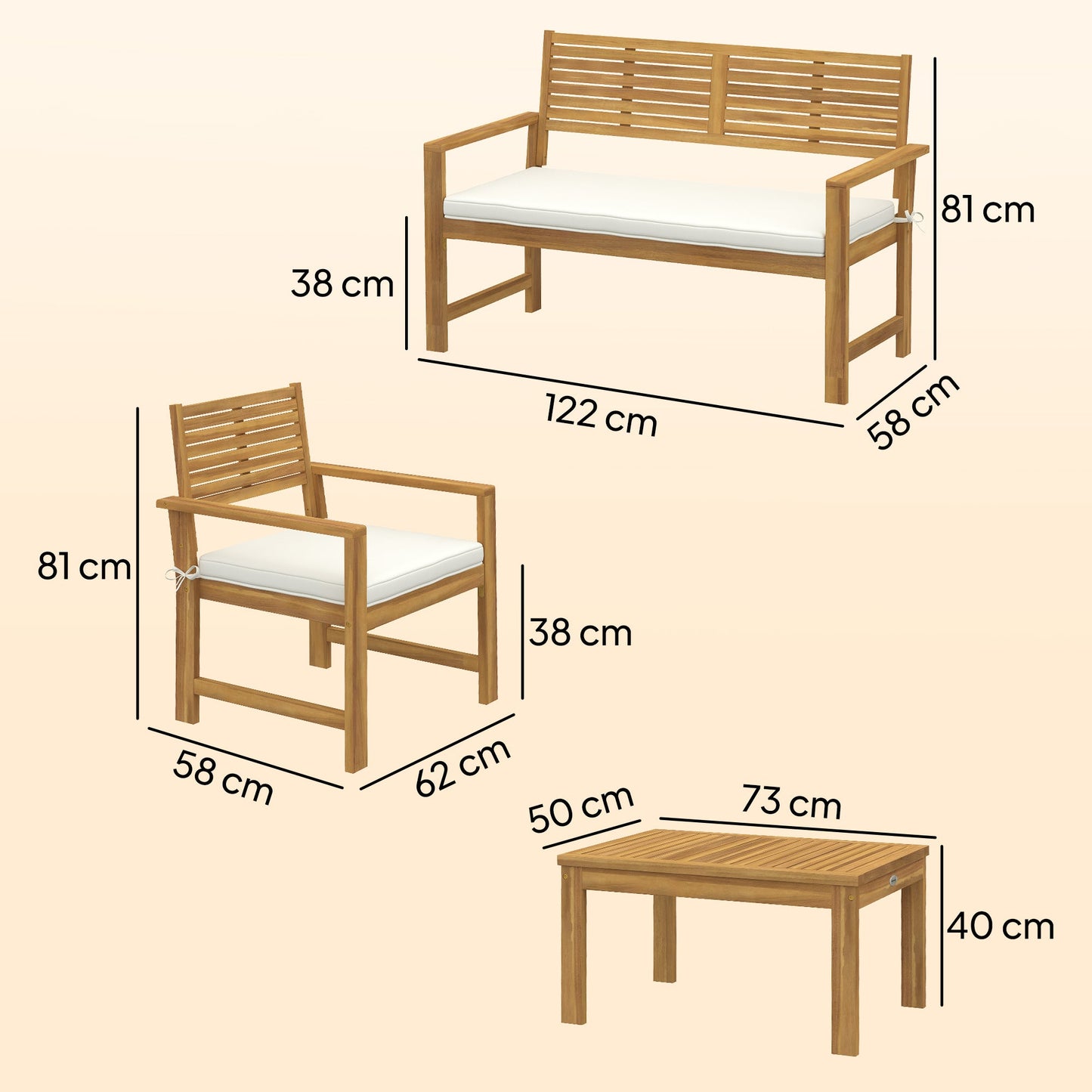 4 Seater Wooden Garden Furniture Set with Loveseat, 2 Armchairs, Wood-Top Table, Acacia Wood Garden Sofa Set with Cushions, Outdoor Furniture Conversation Sets, Cream White