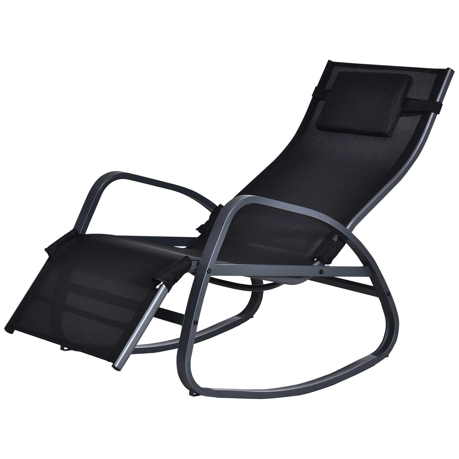 Garden Rocking Chair with 5-Level Adjustable Backrest, Rocking Sun Lounger with Removeable Headrest Pillow, Footrest, Armrest and Safety Stopper, Black