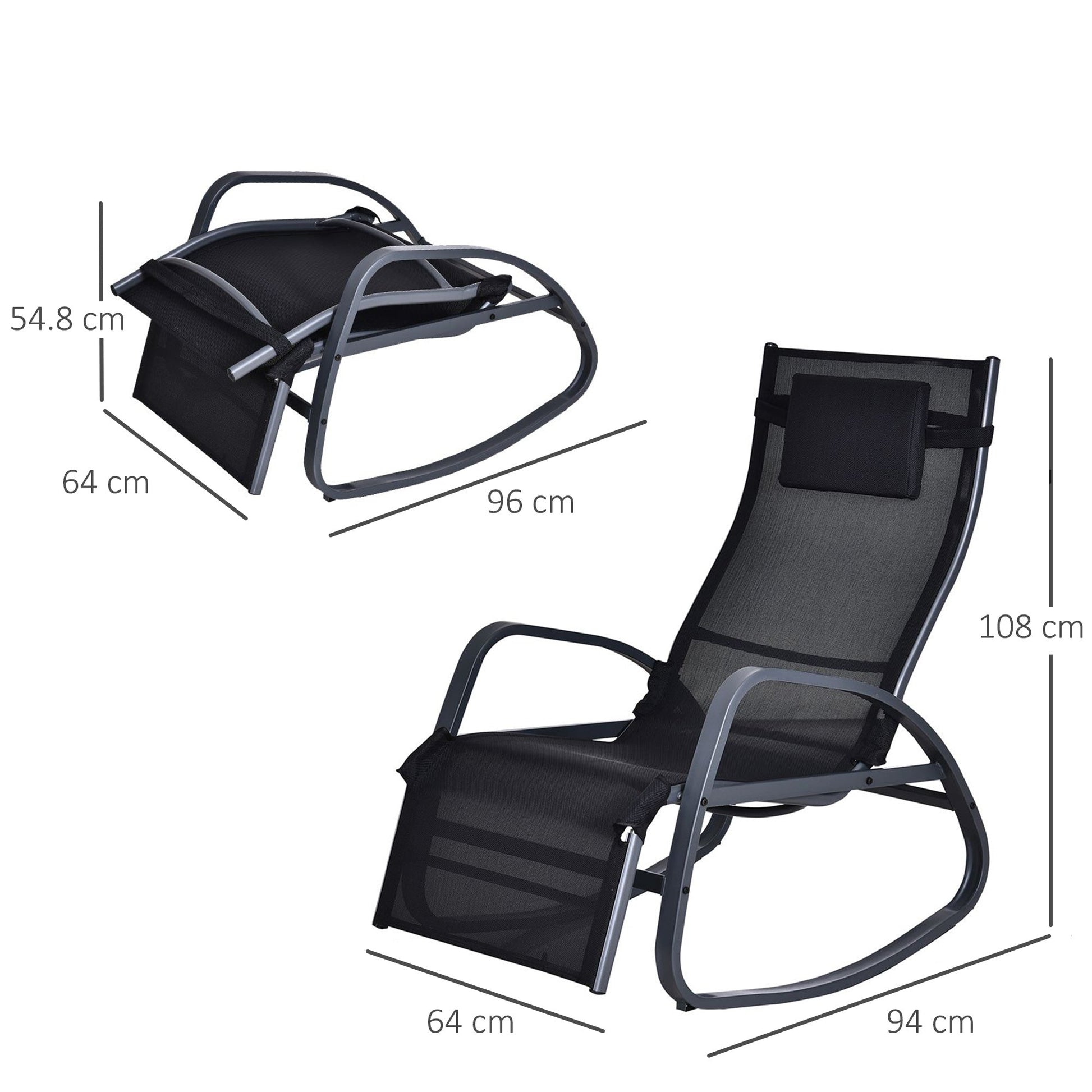 Garden Rocking Chair with 5-Level Adjustable Backrest, Rocking Sun Lounger with Removeable Headrest Pillow, Footrest, Armrest and Safety Stopper, Black