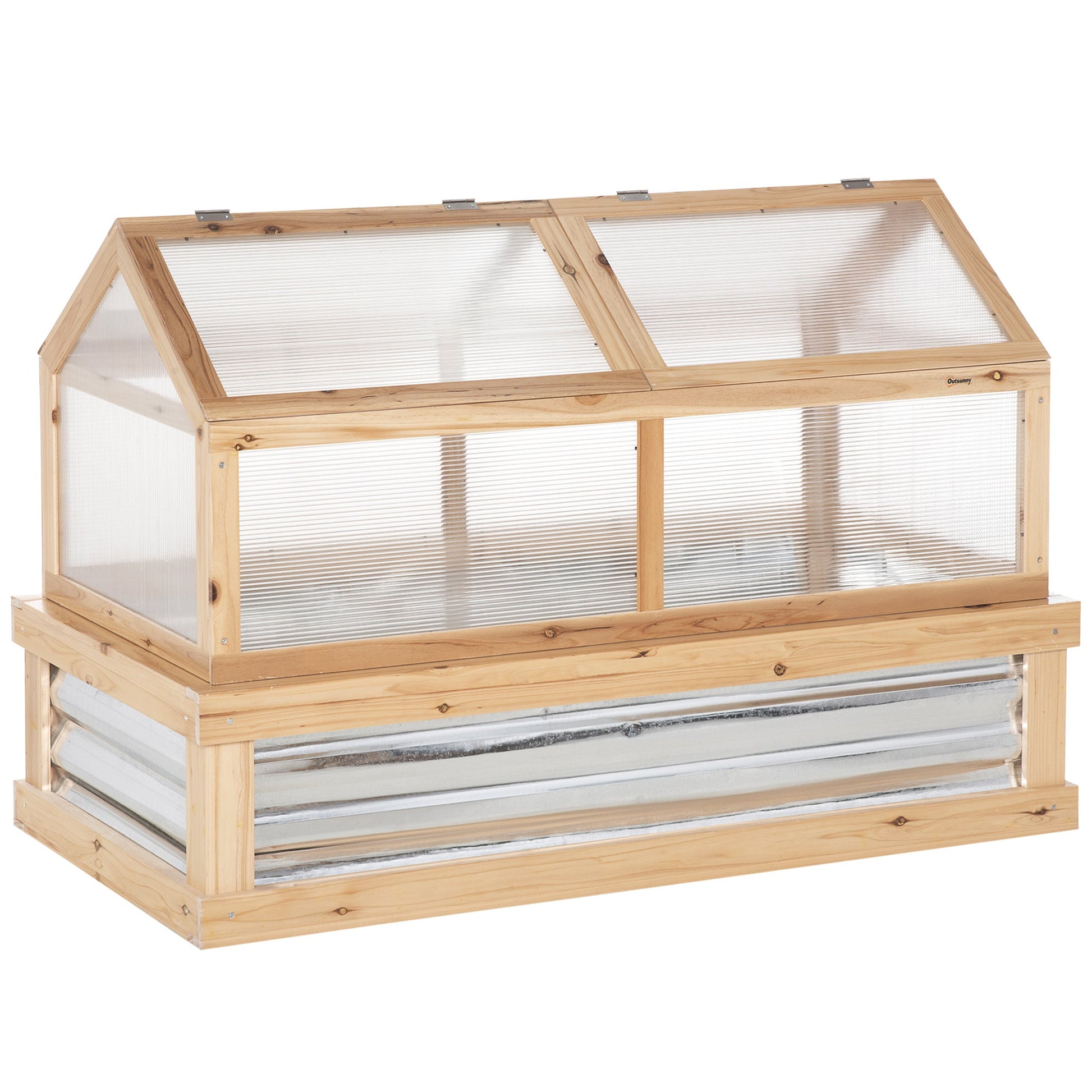Raised Garden Bed with Greenhouse Top, Garden Wooden Cold Frame Greenhouse Flower Planter Protection with 2 Independent Roofs, 122x 61 x 82cm, Natural