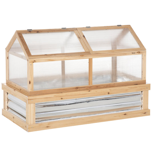 Raised Garden Bed with Greenhouse Top, Garden Wooden Cold Frame Greenhouse Flower Planter Protection with 2 Independent Roofs, 122x 61 x 82cm, Natural