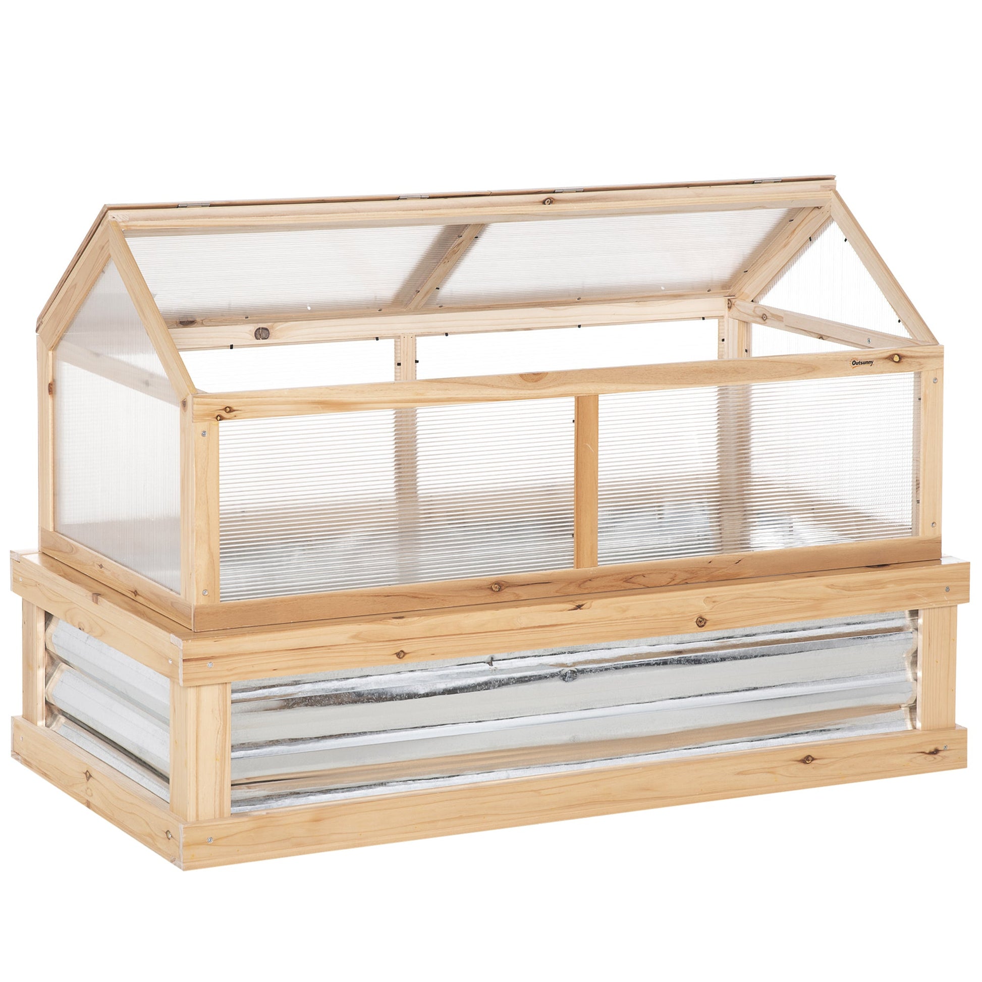 Raised Garden Bed with Greenhouse Top, Garden Wooden Cold Frame Greenhouse Flower Planter Protection with 2 Independent Roofs, 122x 61 x 82cm, Natural