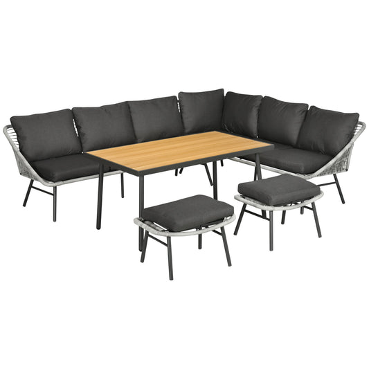 5 Piece Rattan Garden Furniture Sets, 6 Seater Outdoor Sofa Sectional with Wicker Sofa, Footstool and Wood-Plastic Coffee Table for Yard, Poolside, Grey