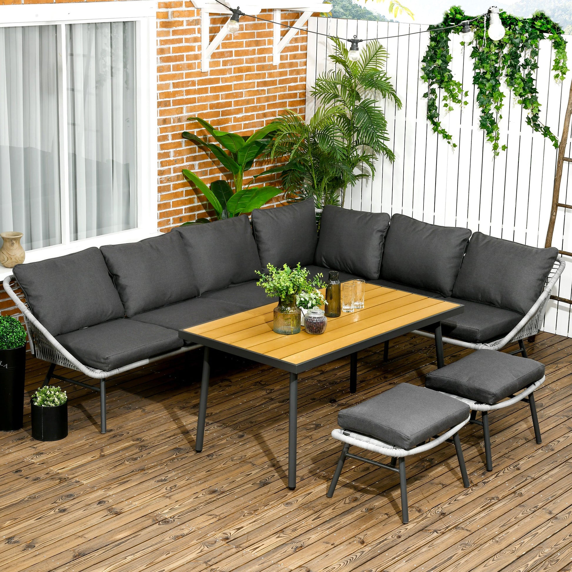 5 Piece Rattan Garden Furniture Sets, 6 Seater Outdoor Sofa Sectional with Wicker Sofa, Footstool and Wood-Plastic Coffee Table for Yard, Poolside, Grey