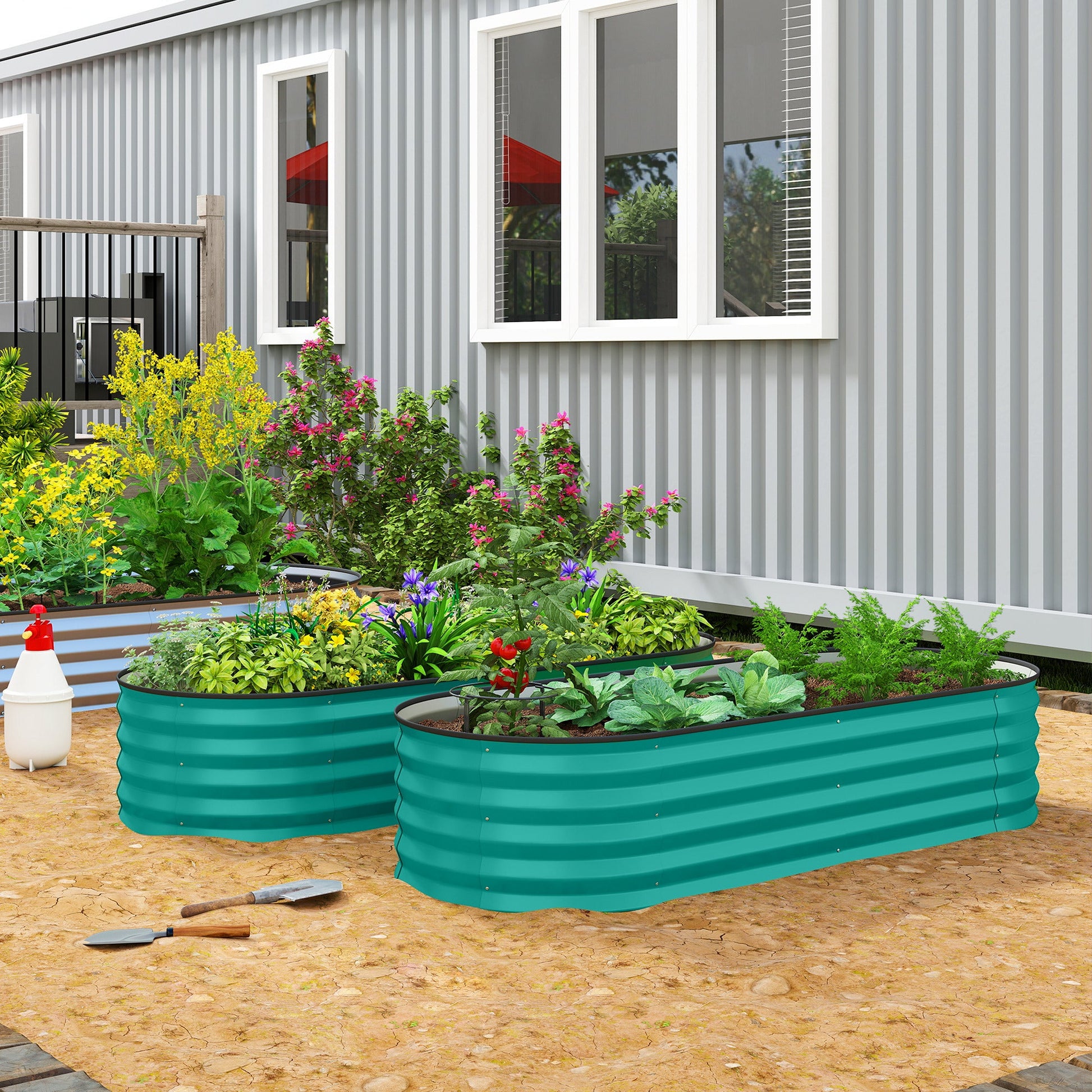 Set of 2 Raised Beds for Garden, Outdoor Galvanised Planter Box with Plant Support Stakes, Rubber Strap Edging and Bottomless for Flower, Vegetable, 150 x 60 x 30 cm, Green