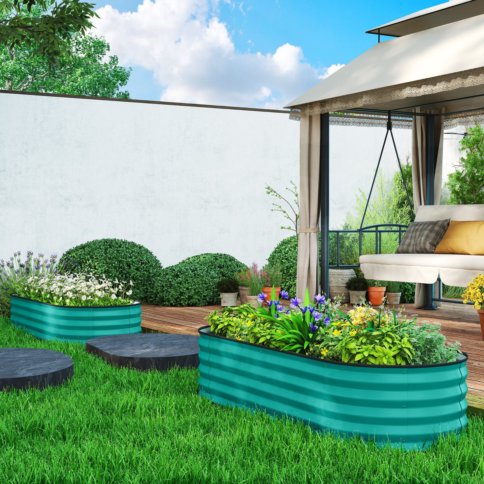 Set of 2 Raised Beds for Garden, Outdoor Galvanised Planter Box with Plant Support Stakes, Rubber Strap Edging and Bottomless for Flower, Vegetable, 150 x 60 x 30 cm, Green