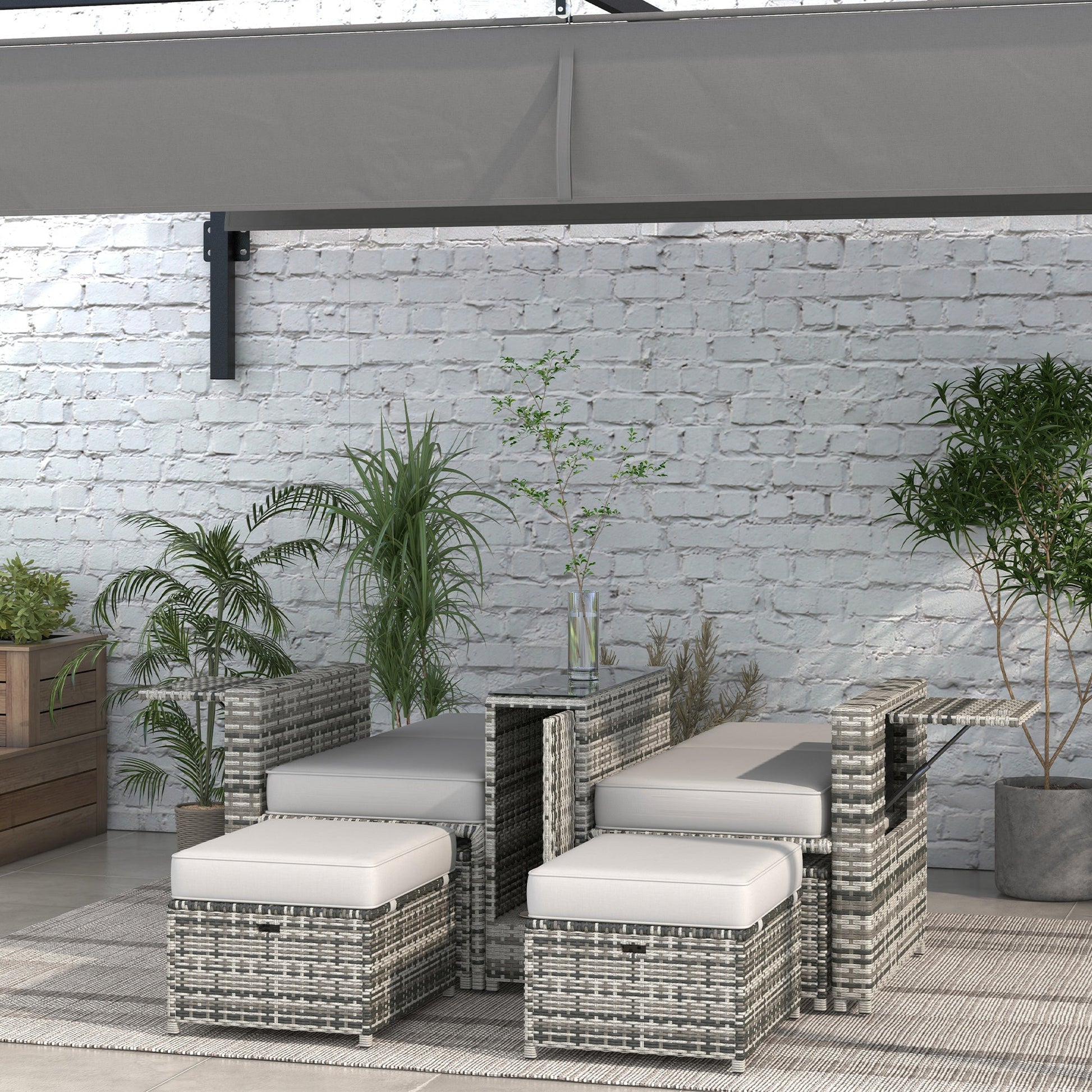 5PC PE Rattan Sun Lounger, Outdoor Wicker 5-level Adjustable Recliner Sofa Bed with Storage Side Table and Footstools, for Patio, Garden, Poolside, Grey
