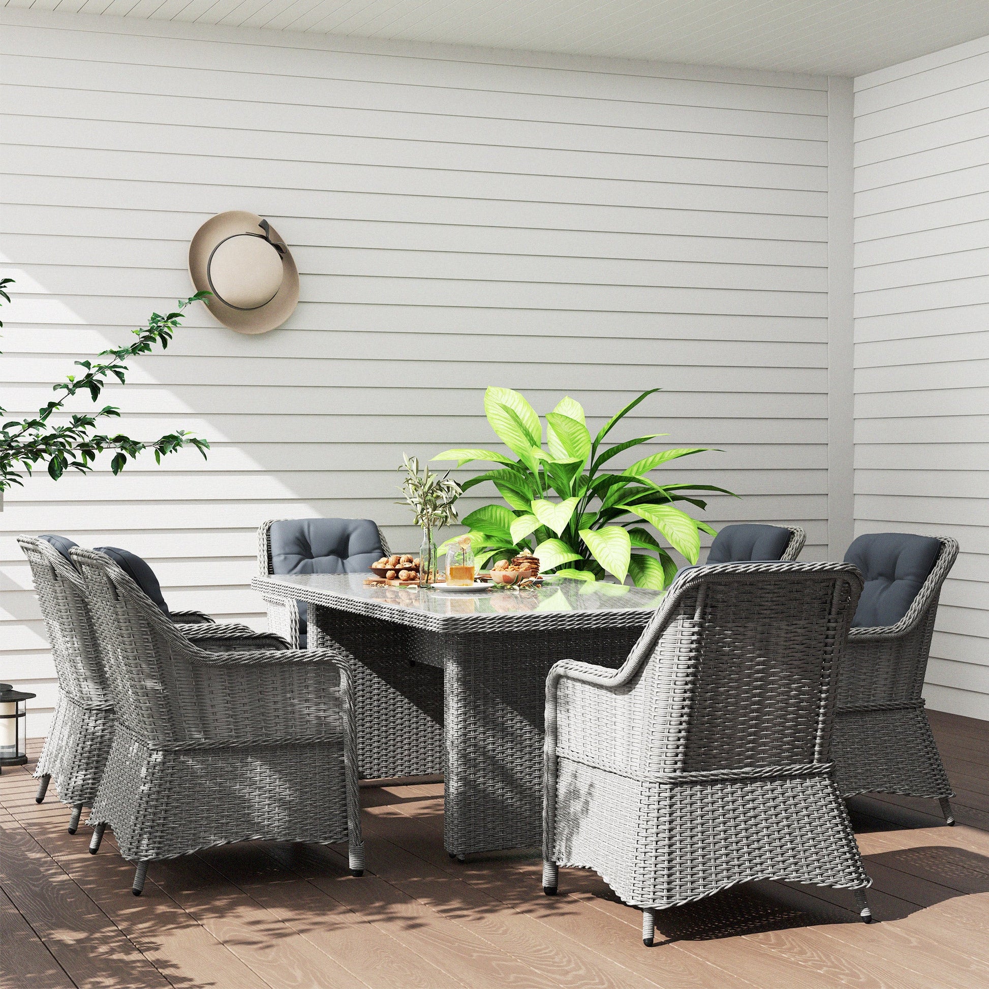 6 Seater Rattan Dining Set, Round PE Rattan Garden Furniture Set with Seat and Back Cushions, Aluminium Outdoor Dining Table and Chairs with 6 Armchairs, Rectangular Glass Top Table, Grey