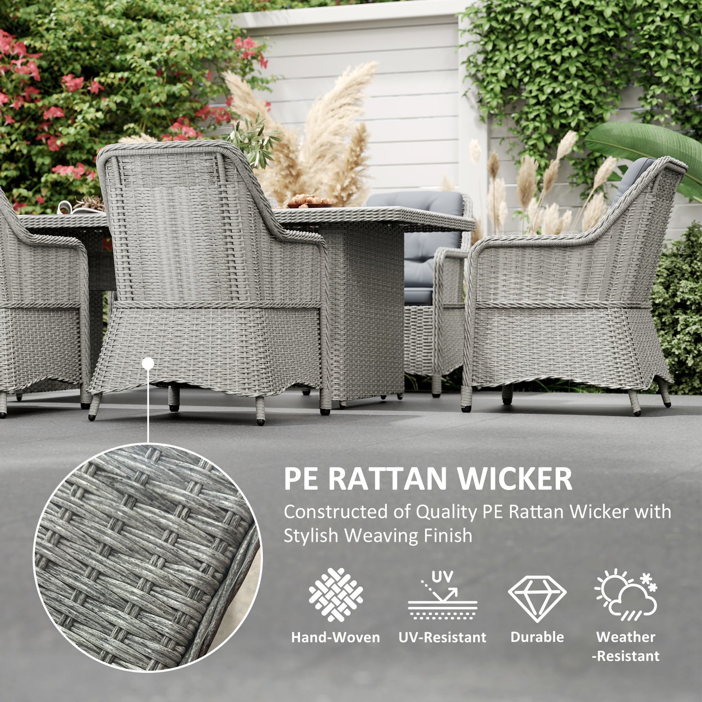 6 Seater Rattan Dining Set, Round PE Rattan Garden Furniture Set with Seat and Back Cushions, Aluminium Outdoor Dining Table and Chairs with 6 Armchairs, Rectangular Glass Top Table, Grey